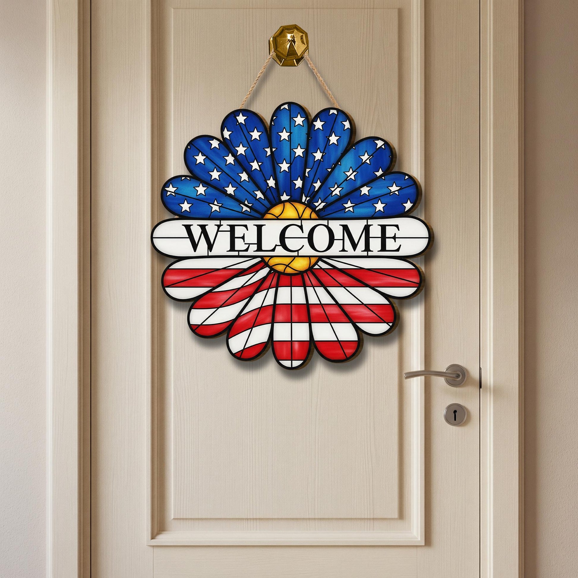 Patriotic Daisy Door Sign, 4th of July Welcome Sign, USA Flower Hanger, Red White Blue Decor, Wooden Summer Door Hanging