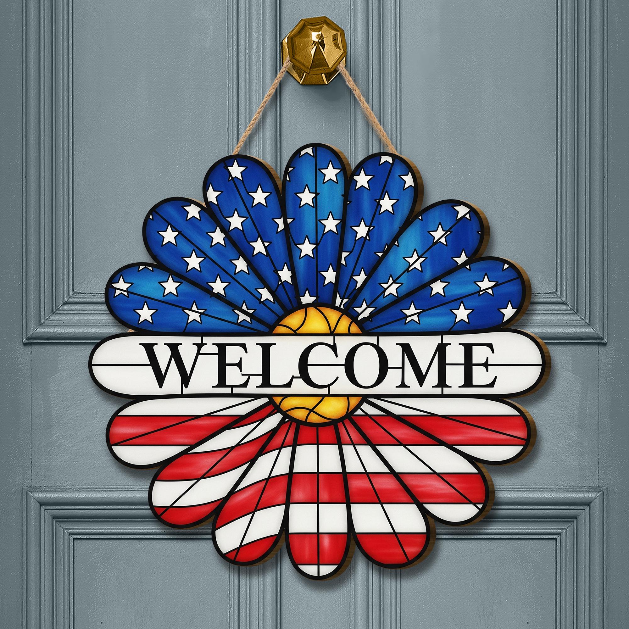 Patriotic Daisy Door Sign, 4th of July Welcome Sign, USA Flower Hanger, Red White Blue Decor, Wooden Summer Door Hanging
