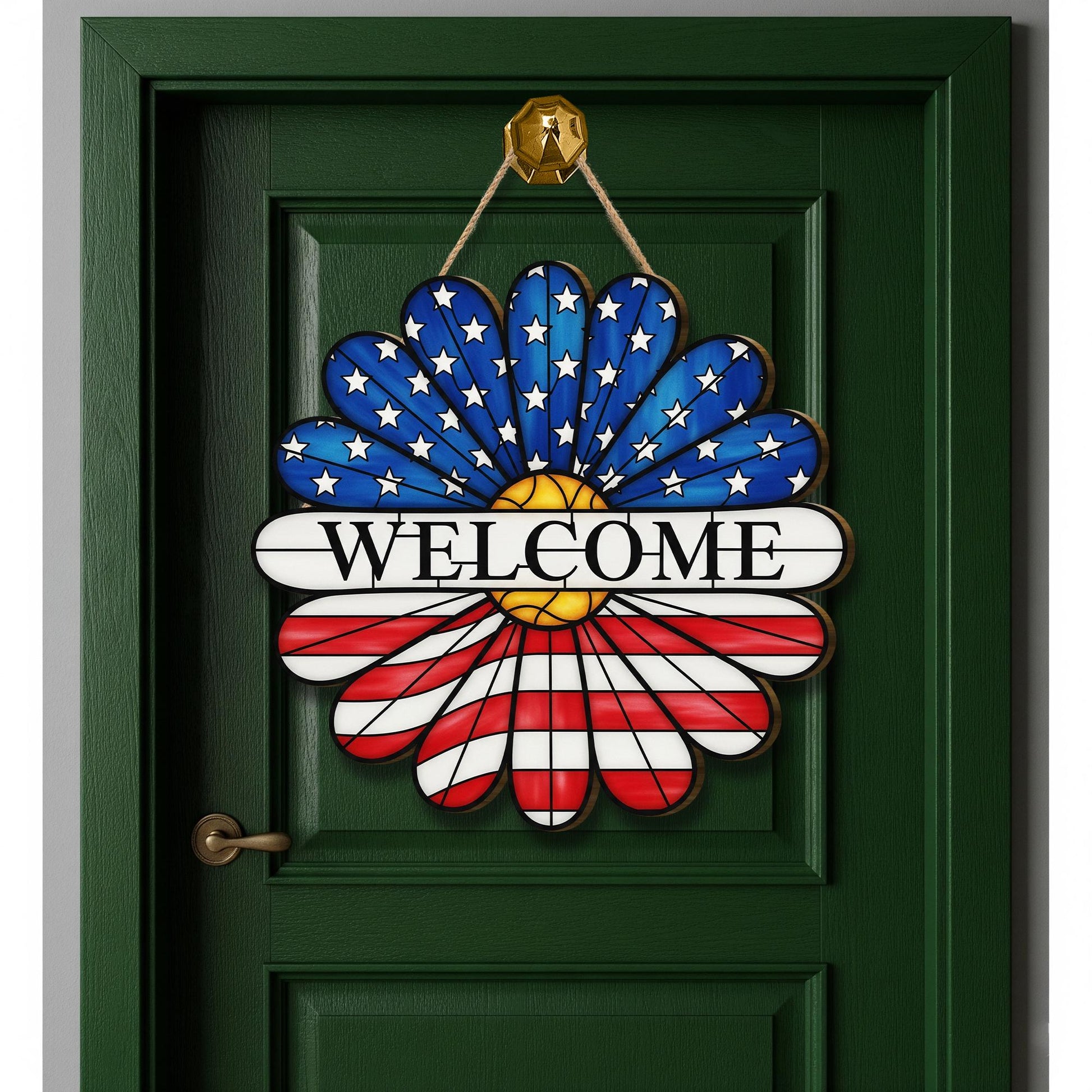 Patriotic Daisy Door Sign, 4th of July Welcome Sign, USA Flower Hanger, Red White Blue Decor, Wooden Summer Door Hanging