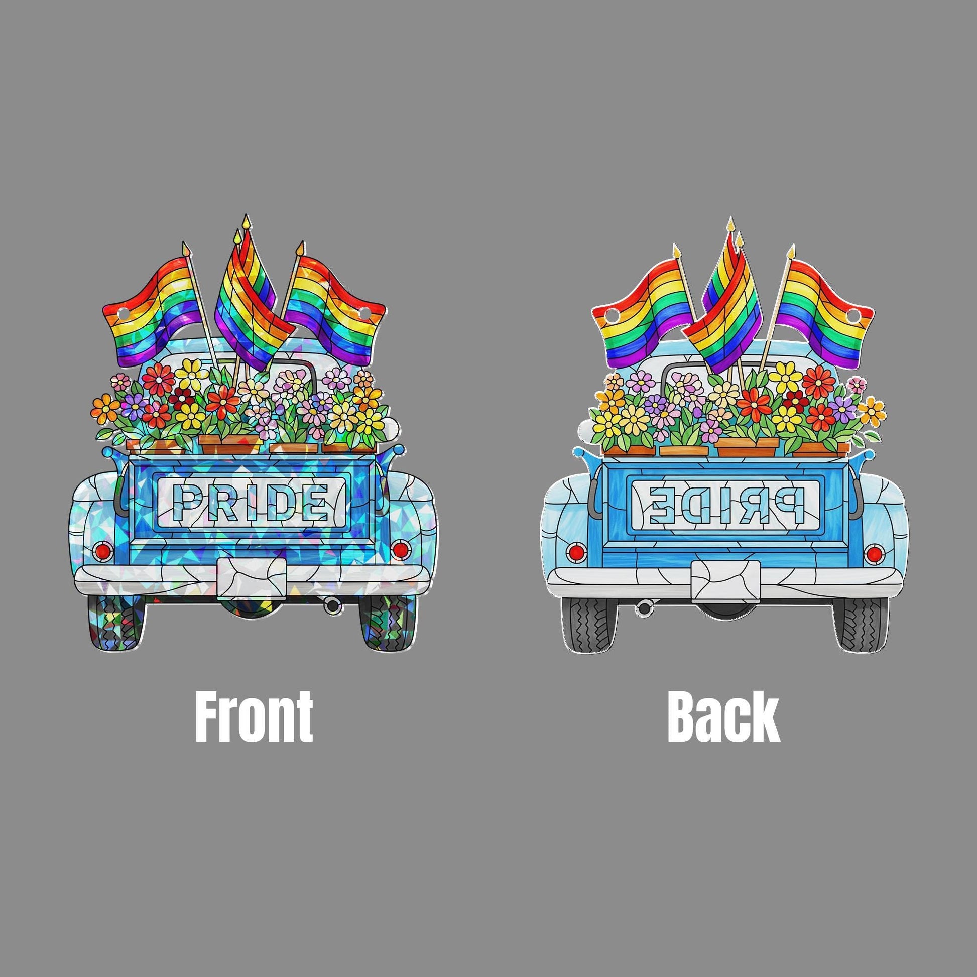 Pride Truck Acrylic Window Hanging | Rainbow Flower LGBTQ+ Suncatcher | Colorful Pride Decor | Gay Parade Window Ornament