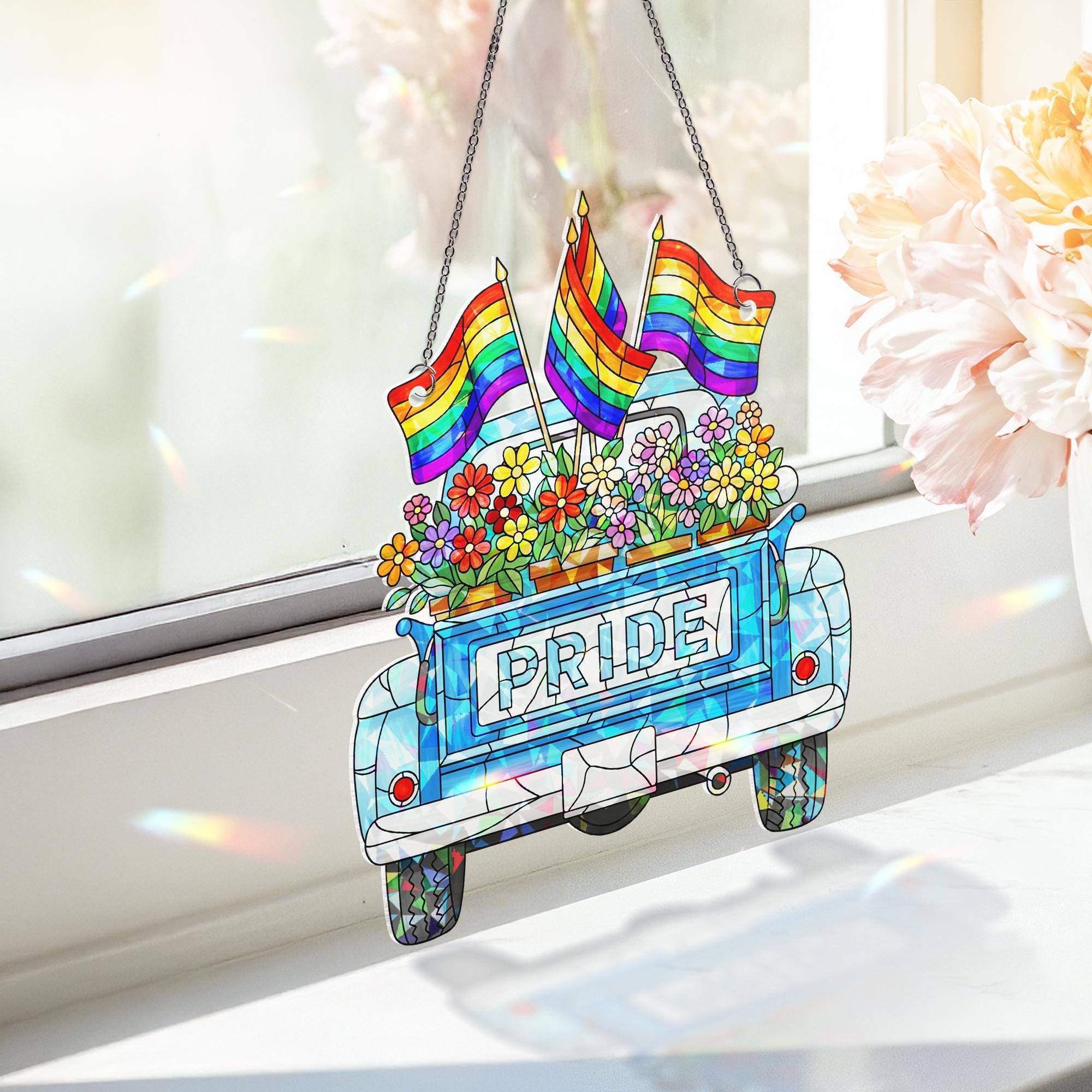 Pride Truck Acrylic Window Hanging | Rainbow Flower LGBTQ+ Suncatcher | Colorful Pride Decor | Gay Parade Window Ornament