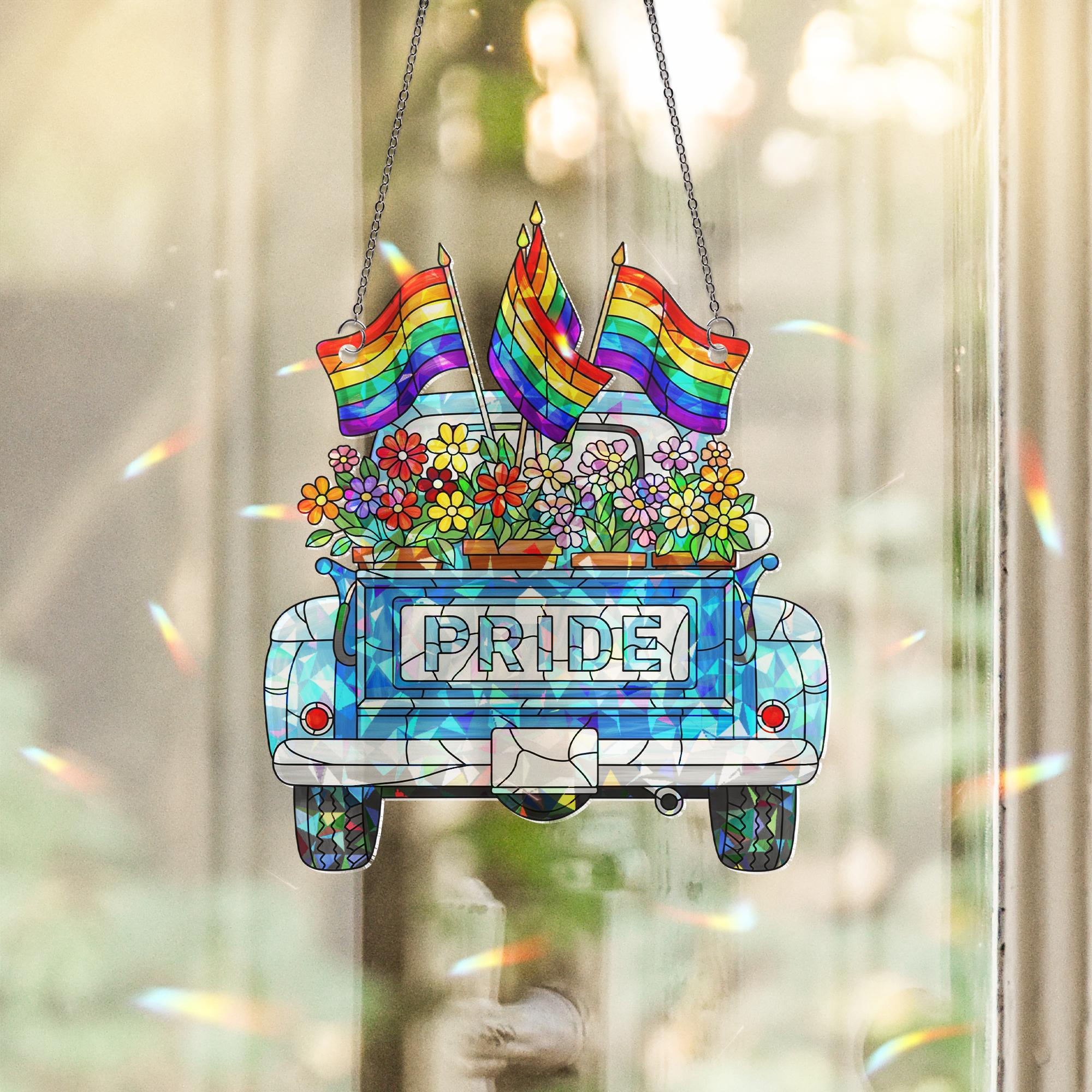 Pride Truck Acrylic Window Hanging | Rainbow Flower LGBTQ+ Suncatcher | Colorful Pride Decor | Gay Parade Window Ornament