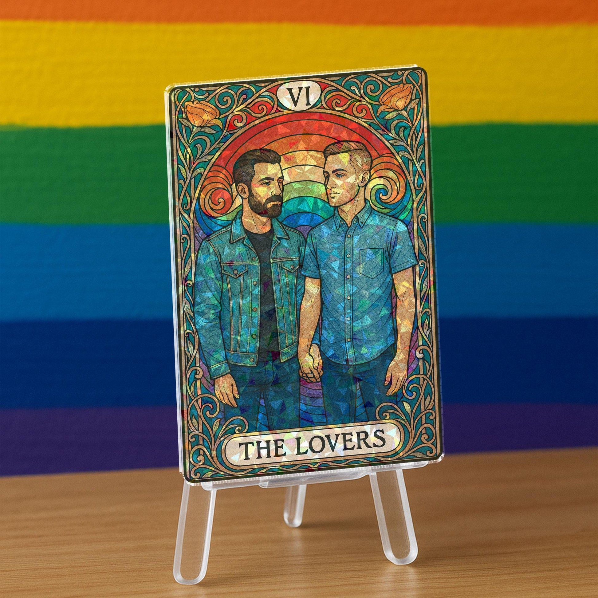 Custom LGBTQ Pride Couple Hologram Card – Personalized Lovers Tarot Desk Display – Rainbow Relationship Gift, Anniversary Wedding Keepsake