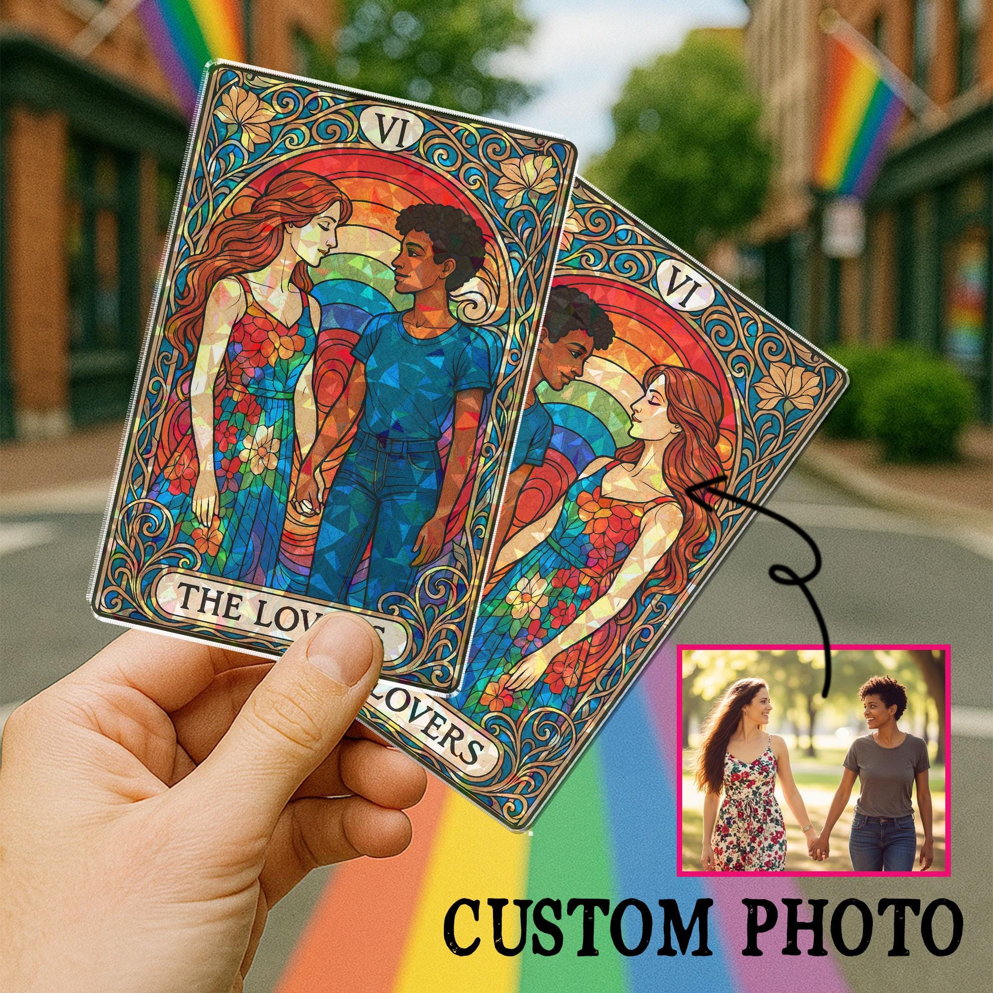 Custom LGBTQ Pride Couple Hologram Card – Personalized Lovers Tarot Desk Display – Rainbow Relationship Gift, Anniversary Wedding Keepsake