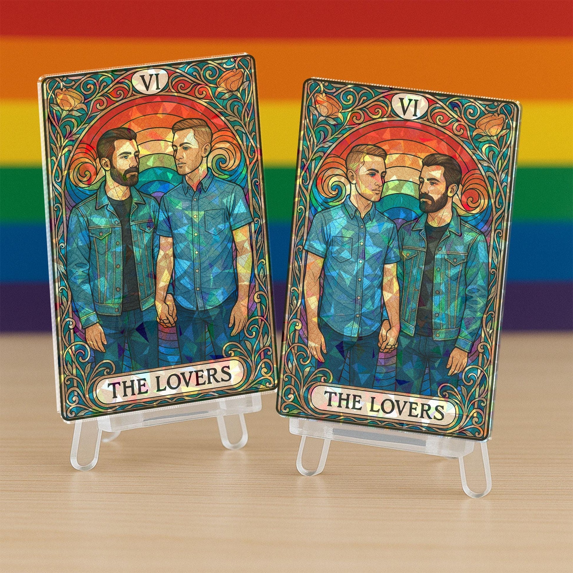 Custom LGBTQ Pride Couple Hologram Card – Personalized Lovers Tarot Desk Display – Rainbow Relationship Gift, Anniversary Wedding Keepsake