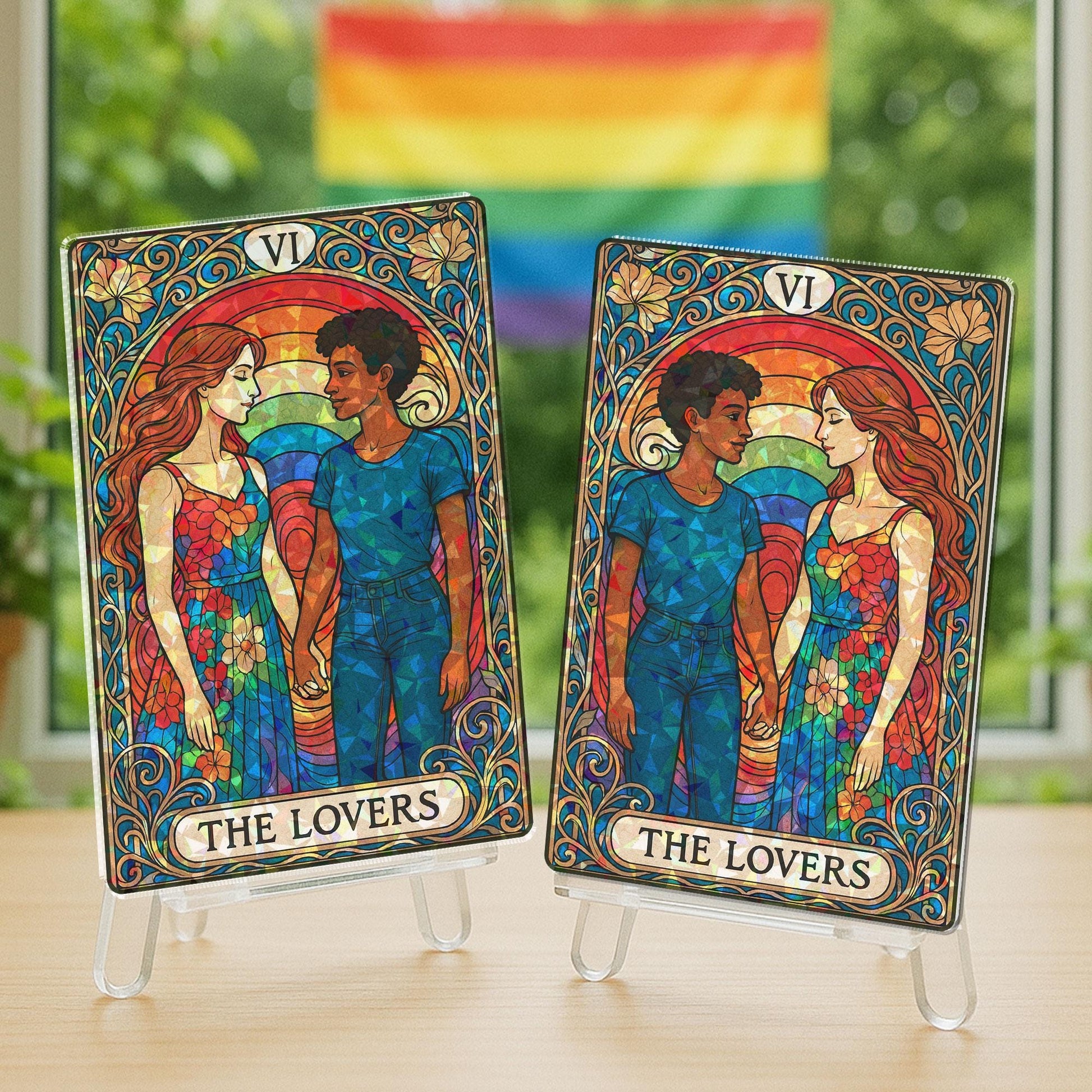 Custom LGBTQ Pride Couple Hologram Card – Personalized Lovers Tarot Desk Display – Rainbow Relationship Gift, Anniversary Wedding Keepsake