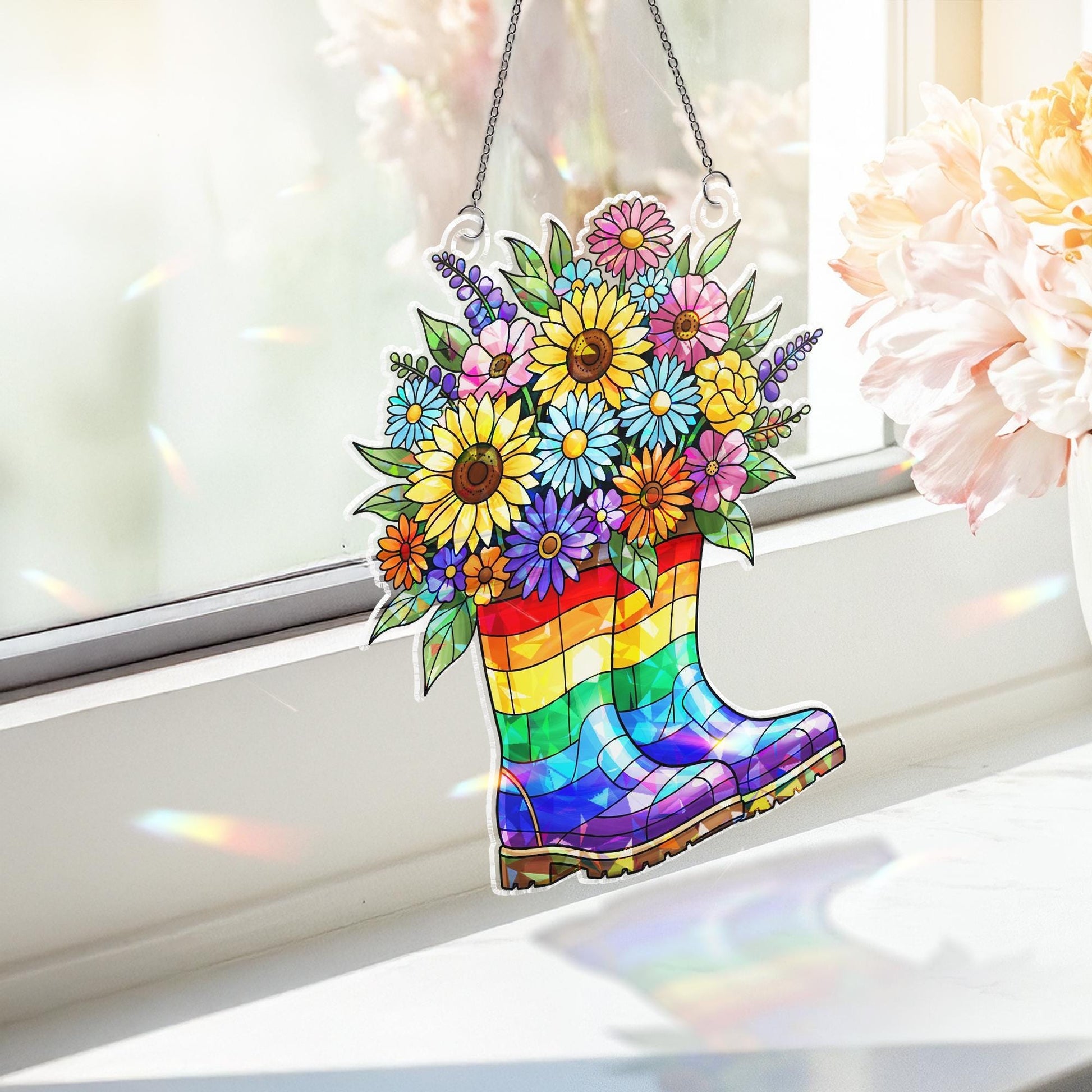 Rainbow Boots Flower Acrylic Window Hanging | LGBTQ+ Pride Suncatcher | Colorful Garden Decor | Queer Floral Pride Month Gift