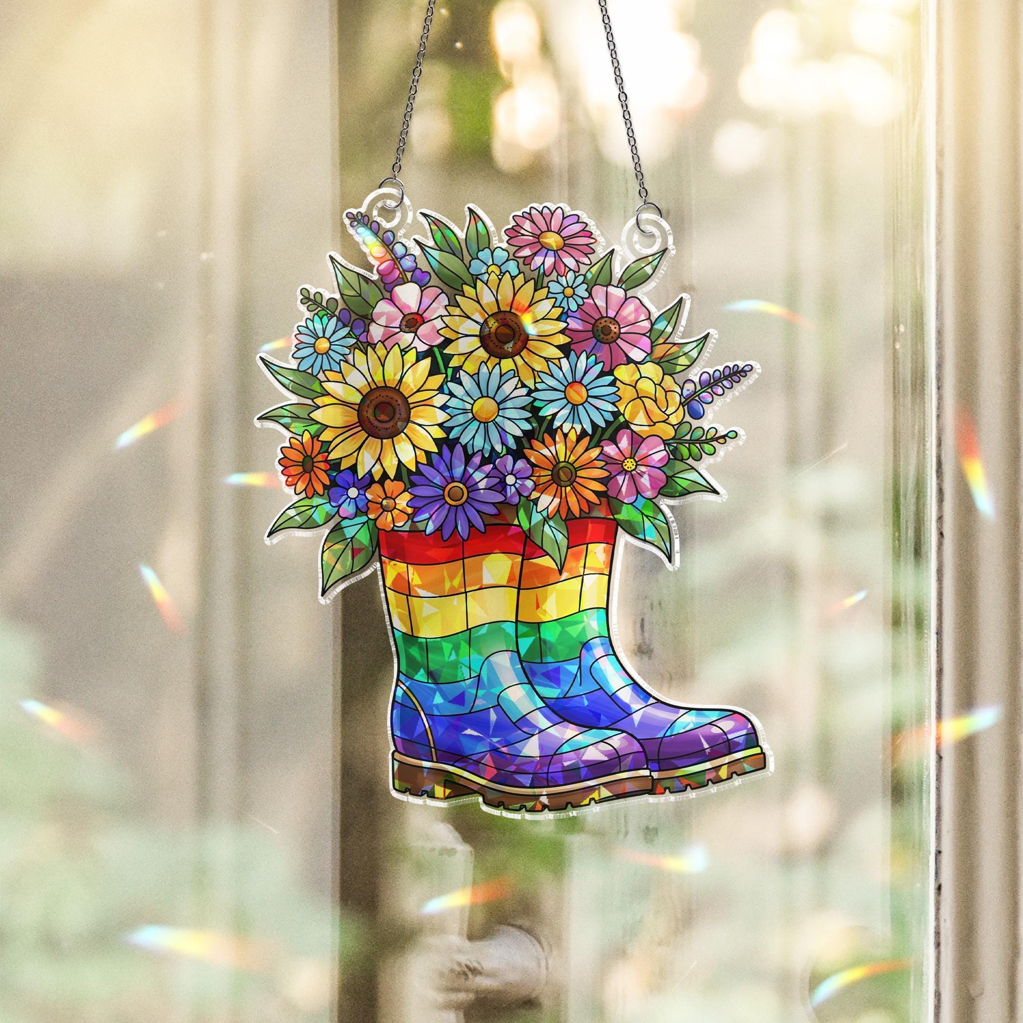 Rainbow Boots Flower Acrylic Window Hanging | LGBTQ+ Pride Suncatcher | Colorful Garden Decor | Queer Floral Pride Month Gift