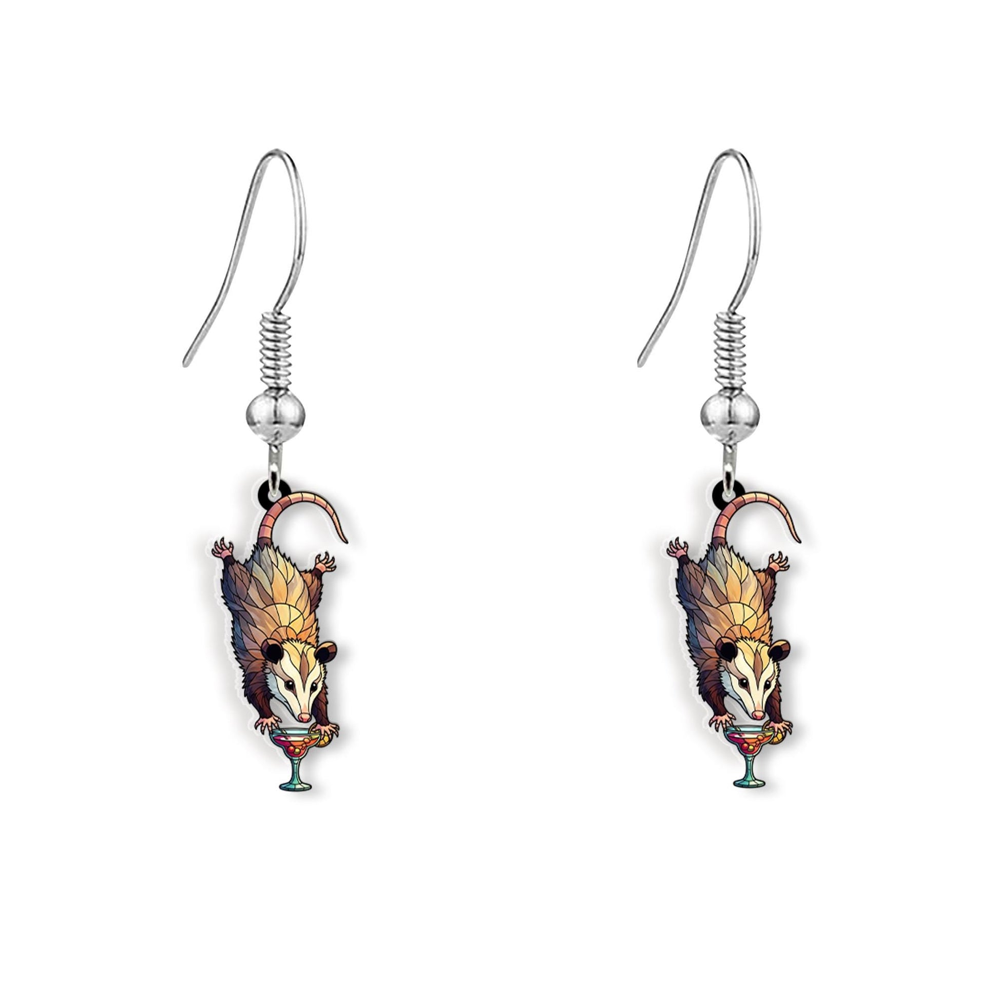 Funny Opossum Cocktail Earrings – Drunk Possum Jewelry – Weird Animal Dangle Earrings – Quirky Gift for Her – Bar Drink Earrings