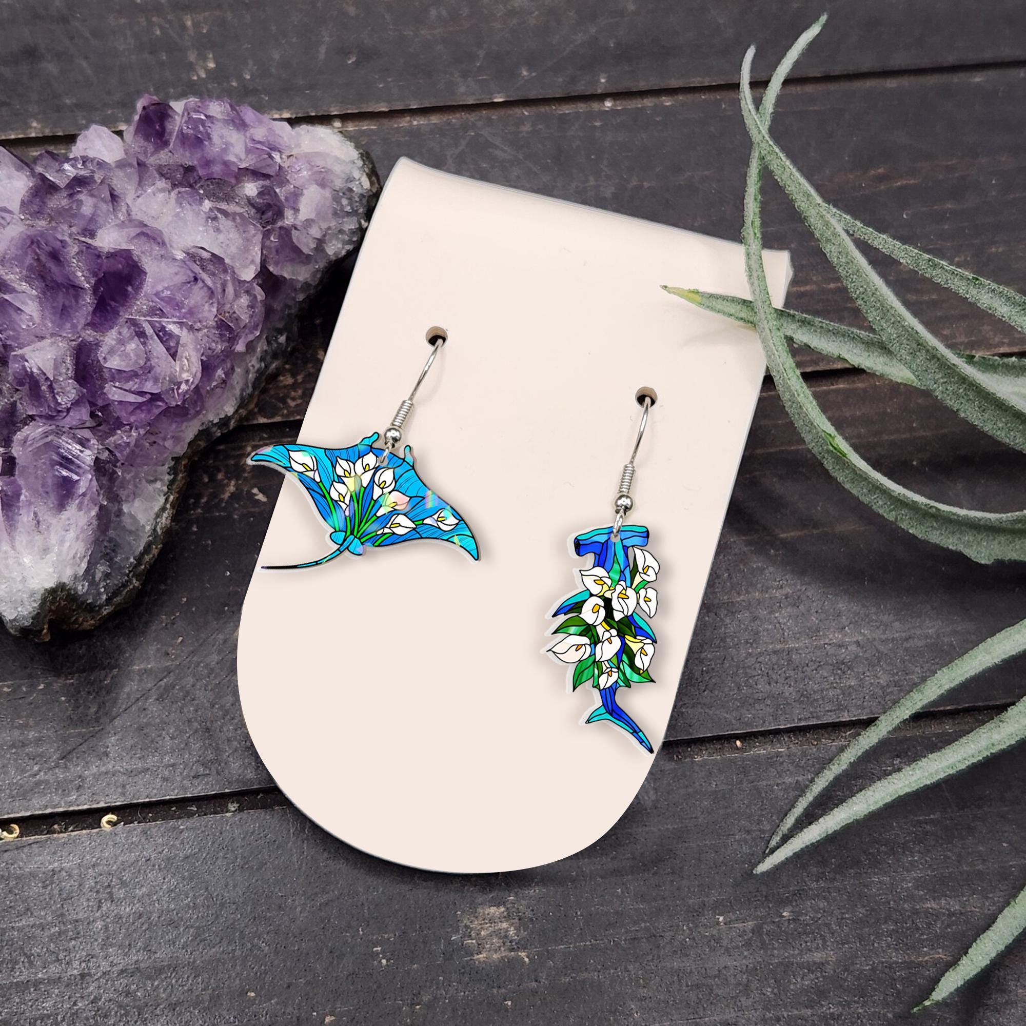Floral Shark & Manta Ray Earrings – Ocean Animal Jewelry – Beachy Marine Life Gift – Tropical Sea Creature Dangle Earrings
