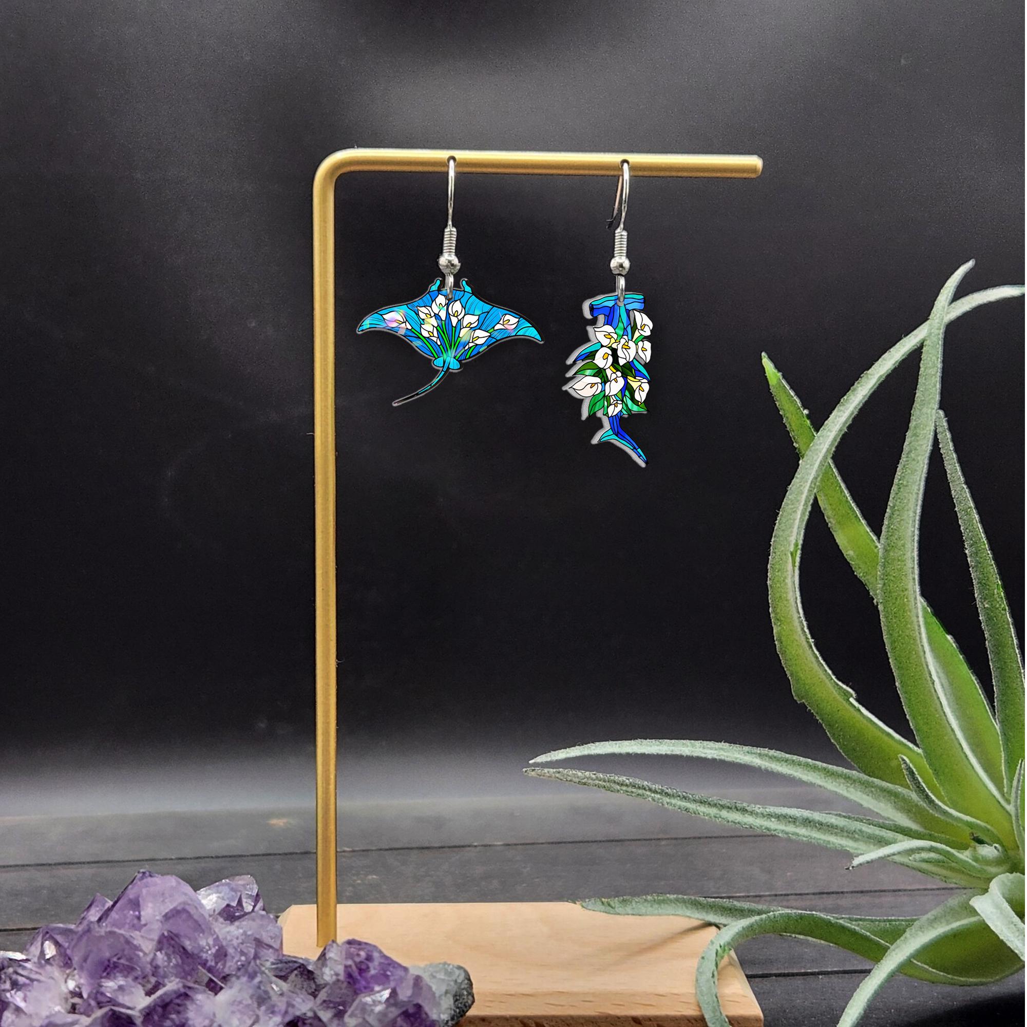 Floral Shark & Manta Ray Earrings – Ocean Animal Jewelry – Beachy Marine Life Gift – Tropical Sea Creature Dangle Earrings
