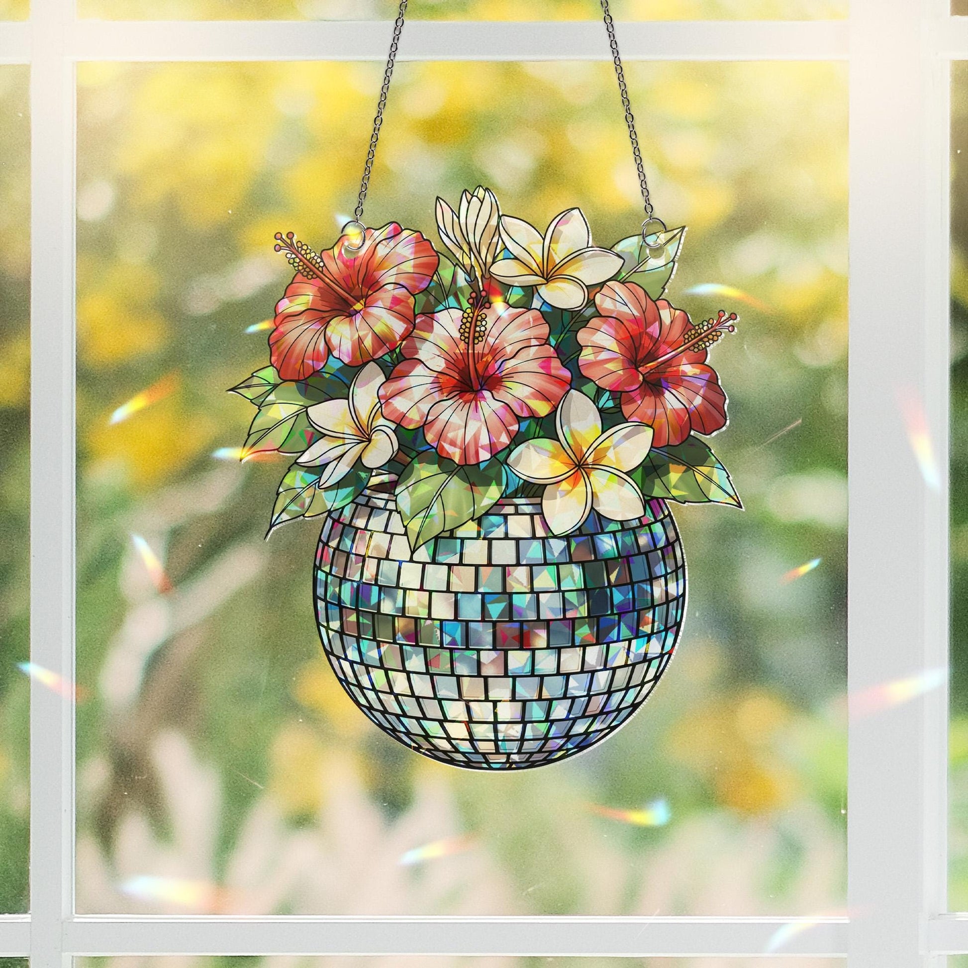 2D Holographic Disco Ball Plant Pot Sun Catcher – Retro Window Hanging with Tropical Flowers – Funky Boho Room Decor