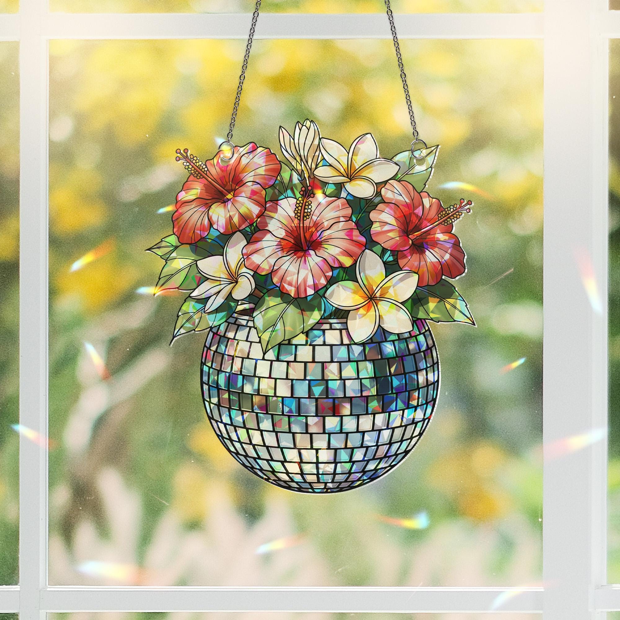 2D Holographic Disco Ball Plant Pot Sun Catcher – Retro Window Hanging with Tropical Flowers – Funky Boho Room Decor