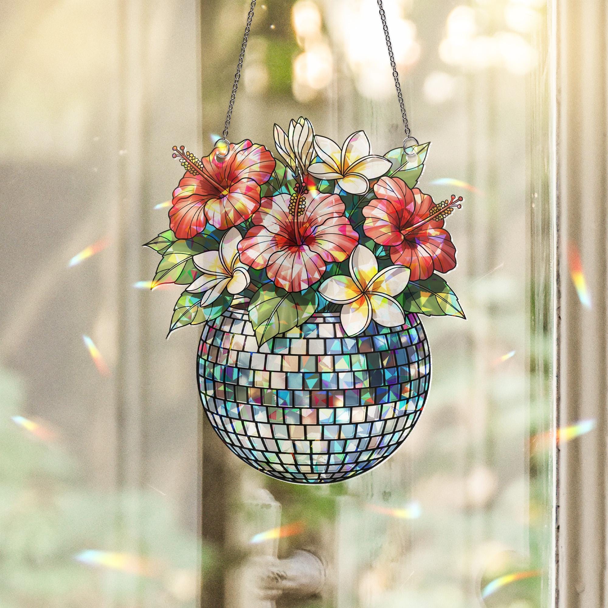 2D Holographic Disco Ball Plant Pot Sun Catcher – Retro Window Hanging with Tropical Flowers – Funky Boho Room Decor