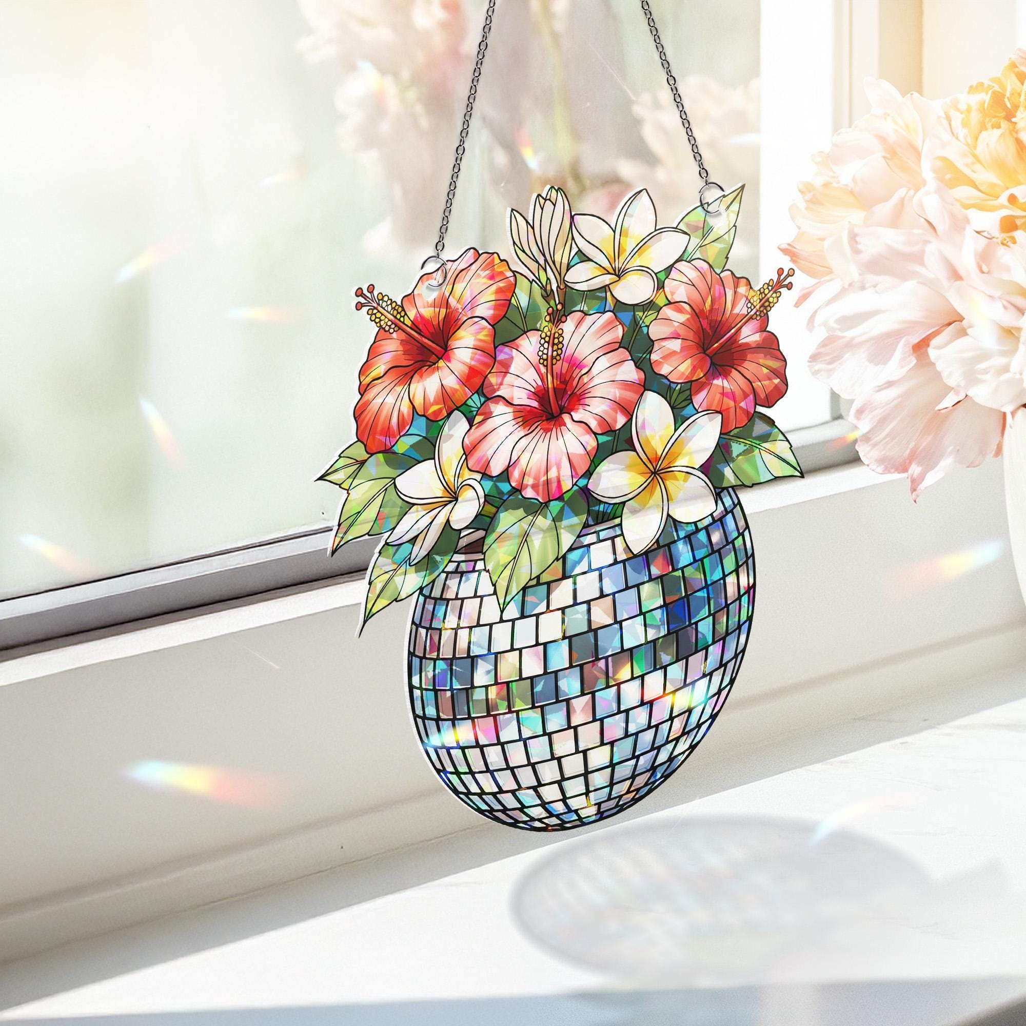 2D Holographic Disco Ball Plant Pot Sun Catcher – Retro Window Hanging with Tropical Flowers – Funky Boho Room Decor