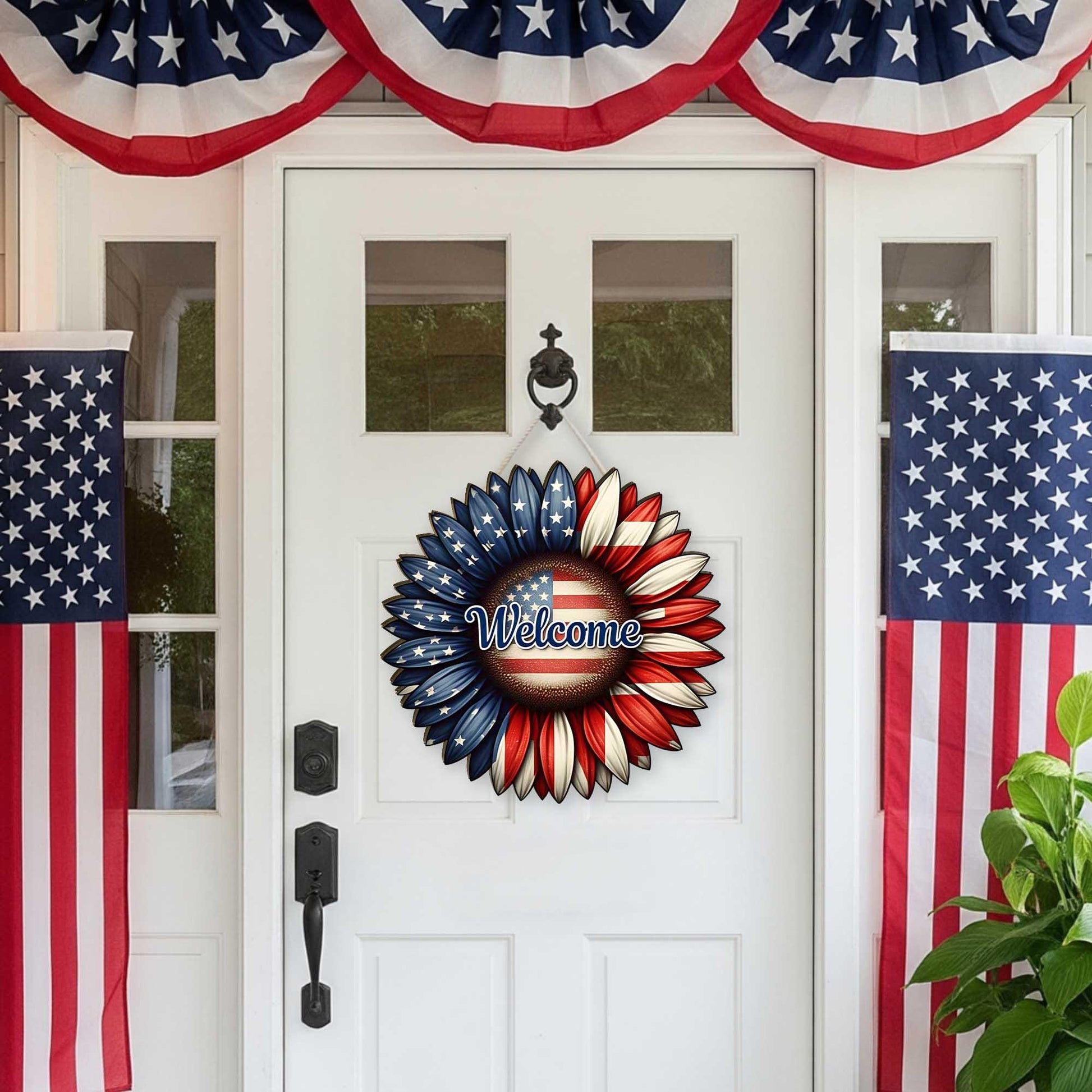 Patriotic Welcome Wreath, 4th of July Door Hanger, Americana Front Porch Sign, Red White Blue Flower Decor, Independence Day