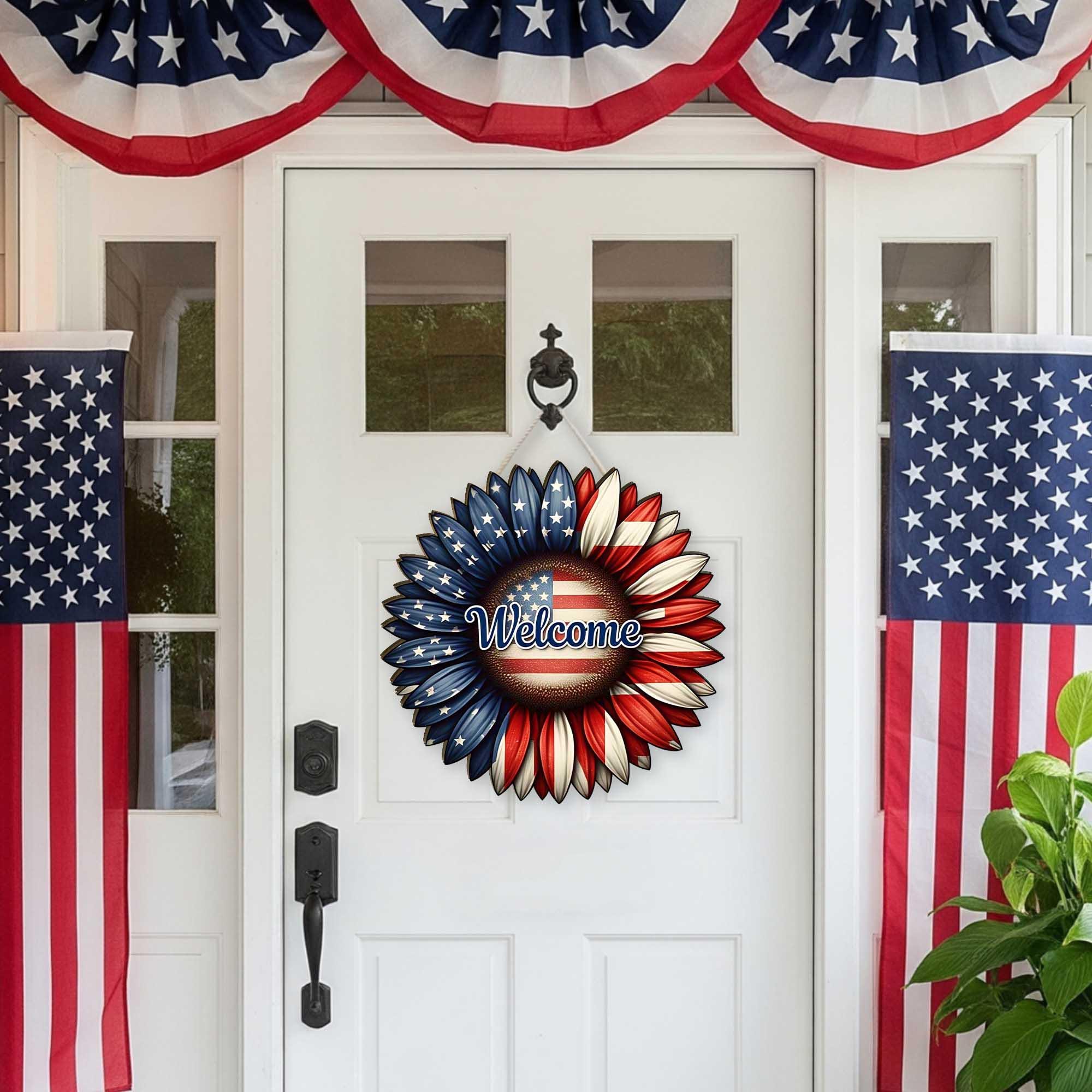 Patriotic Welcome Wreath, 4th of July Door Hanger, Americana Front Porch Sign, Red White Blue Flower Decor, Independence Day
