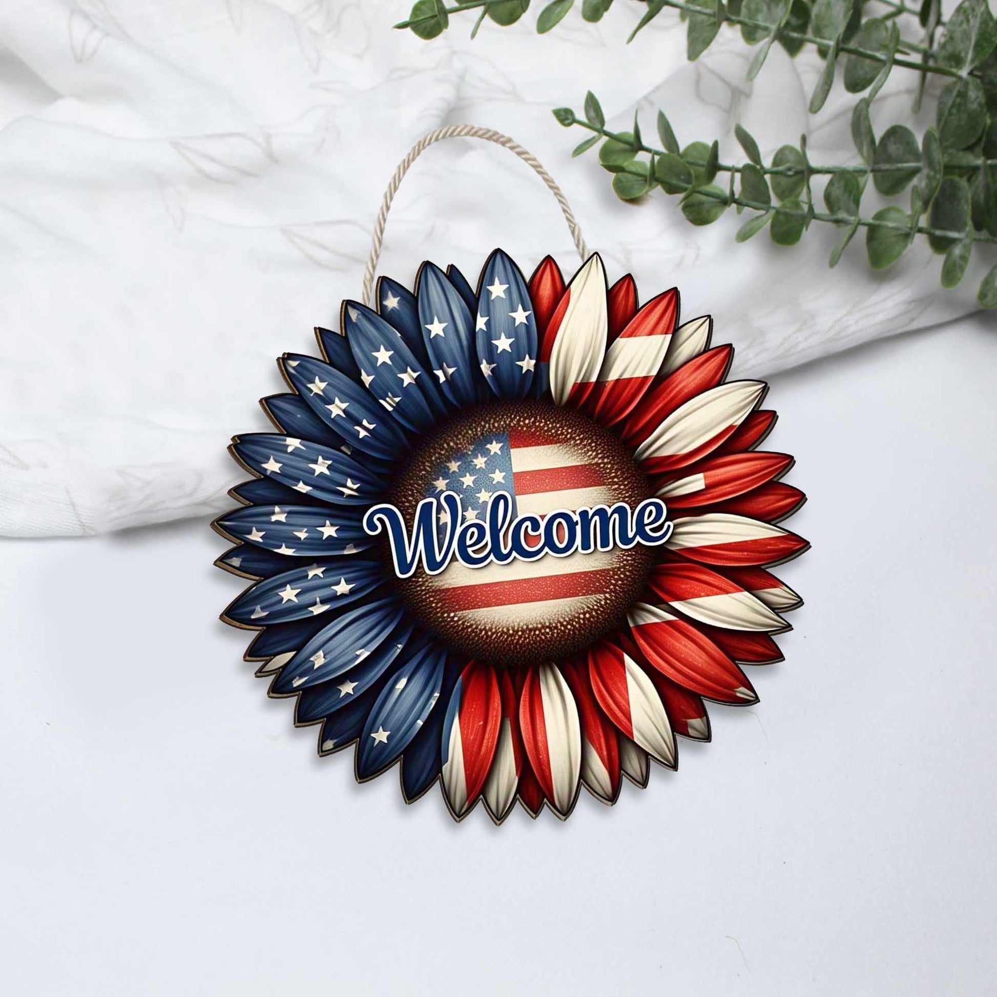 Patriotic Welcome Wreath, 4th of July Door Hanger, Americana Front Porch Sign, Red White Blue Flower Decor, Independence Day