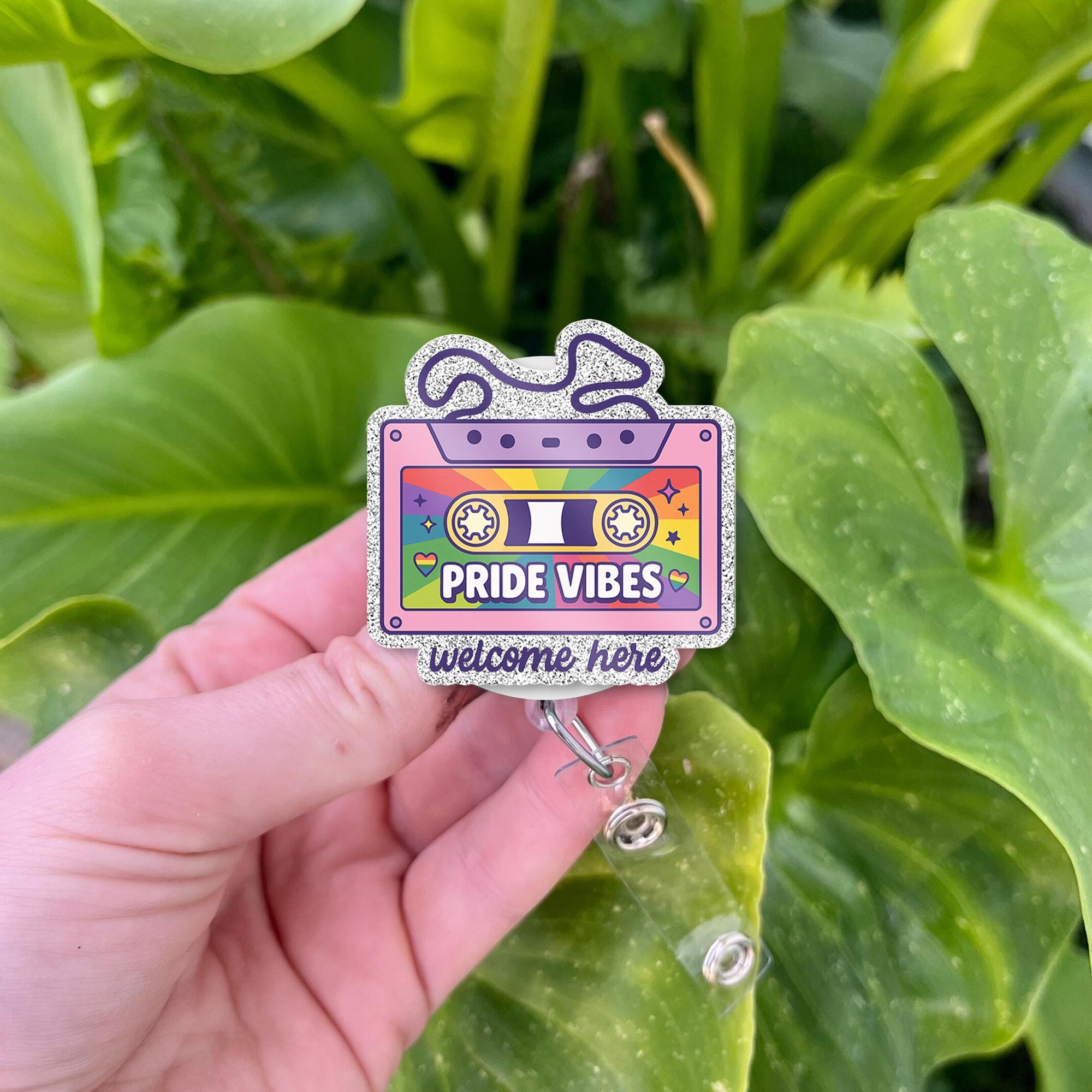 Pride Vibes Cassette Badge Reel | Retro LGBTQ+ ID Holder | Rainbow Glitter Clip | Welcome Here Nurse Badge | Pride Month Gift