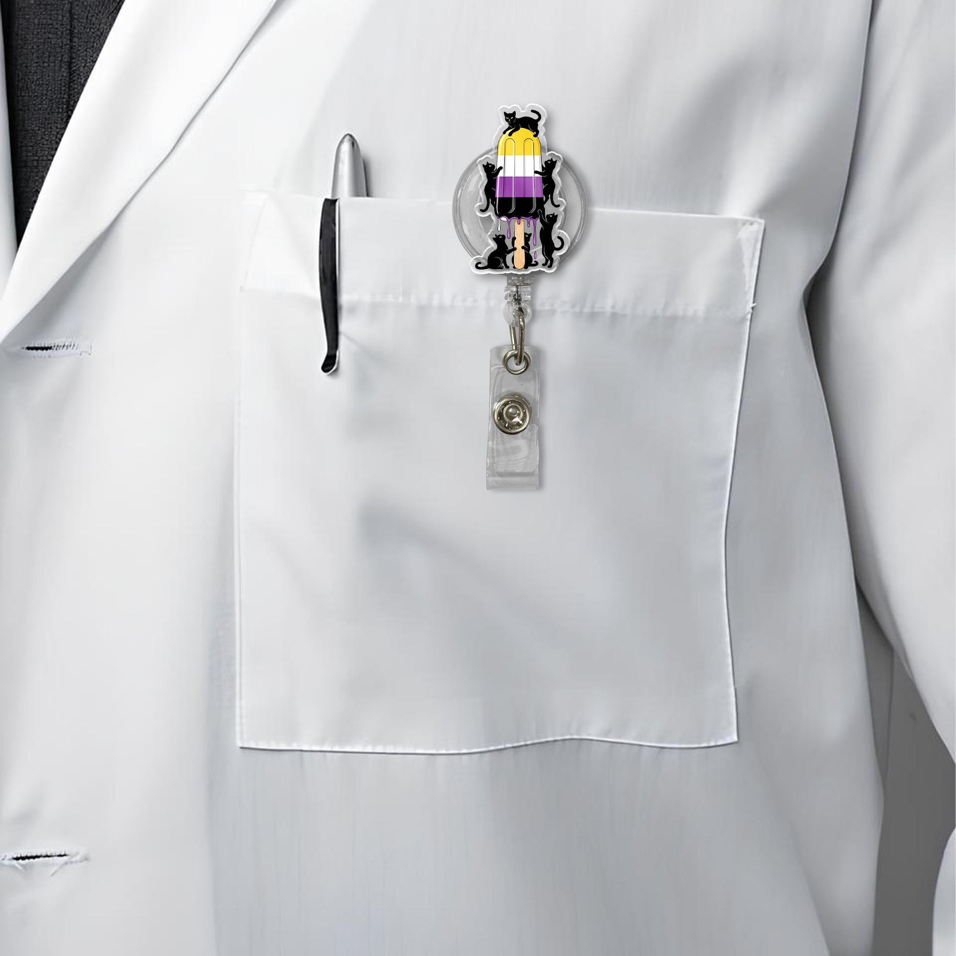 Nonbinary Pride Flag Popsicle Badge Reel with Black Cats, Cute Enby LGBTQIA+ Retractable ID Badge Holder for Nurses, Teachers