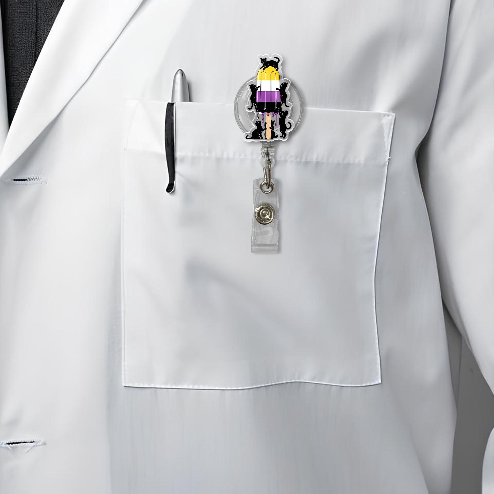 Nonbinary Pride Flag Popsicle Badge Reel with Black Cats, Cute Enby LGBTQIA+ Retractable ID Badge Holder for Nurses, Teachers