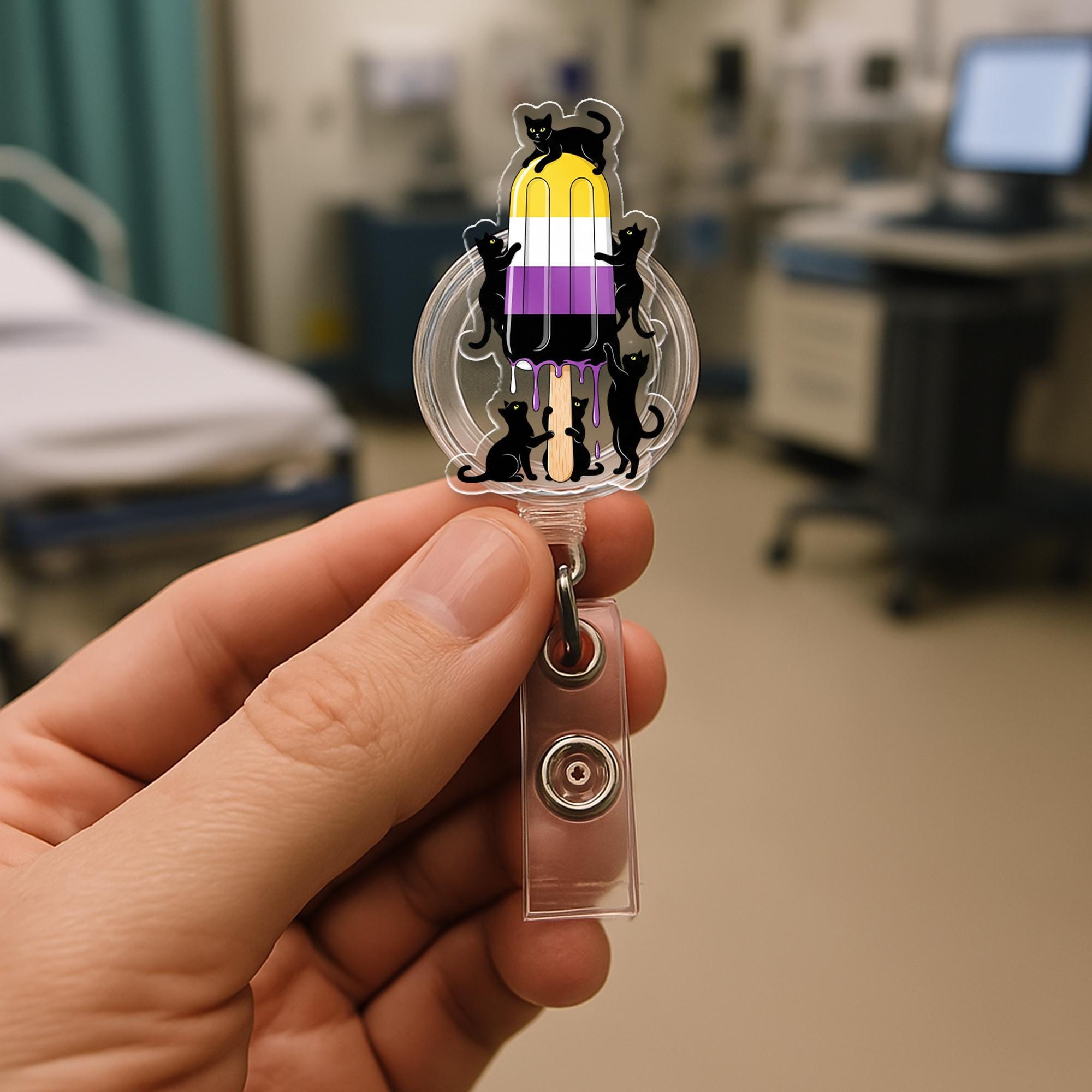 Nonbinary Pride Flag Popsicle Badge Reel with Black Cats, Cute Enby LGBTQIA+ Retractable ID Badge Holder for Nurses, Teachers