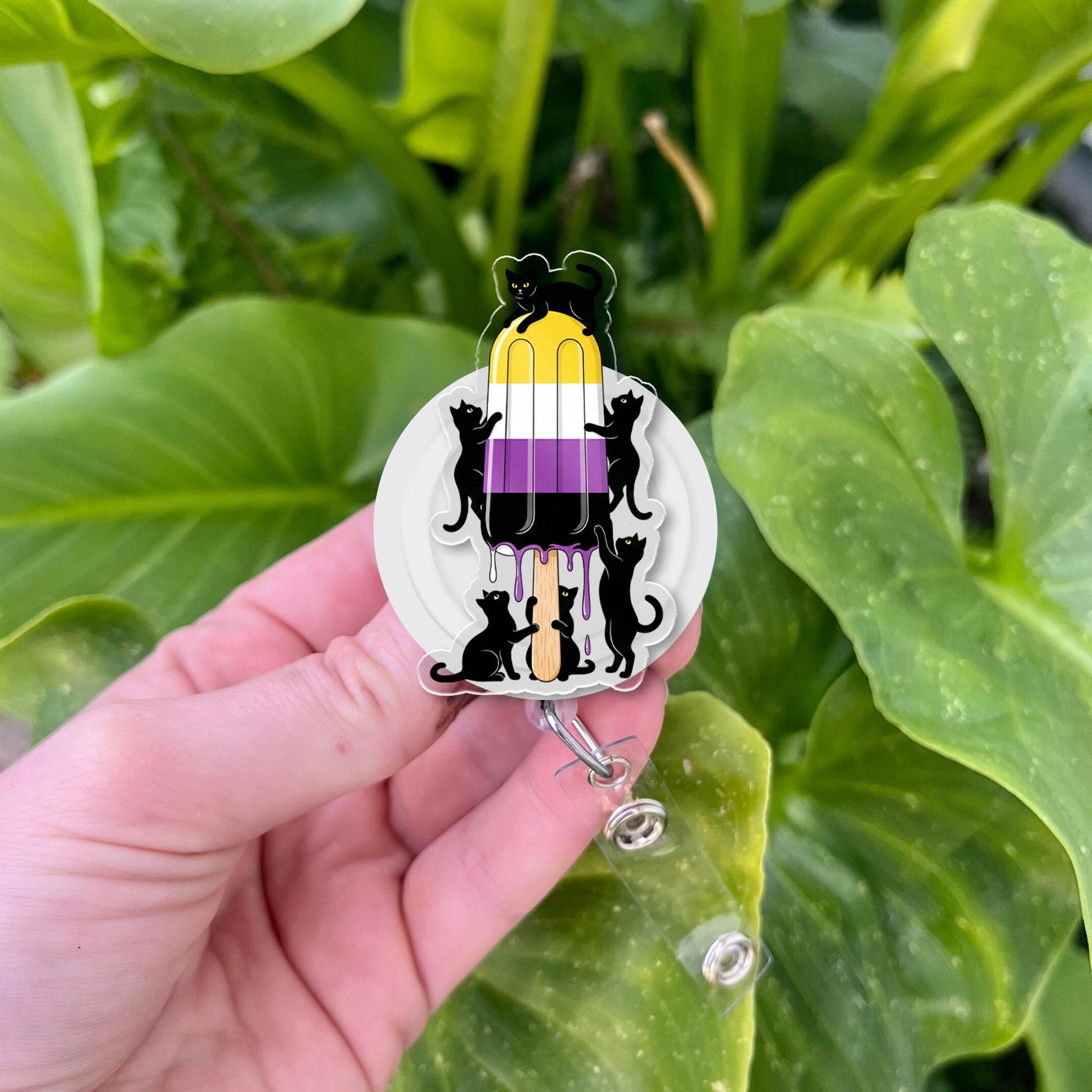 Nonbinary Pride Flag Popsicle Badge Reel with Black Cats, Cute Enby LGBTQIA+ Retractable ID Badge Holder for Nurses, Teachers