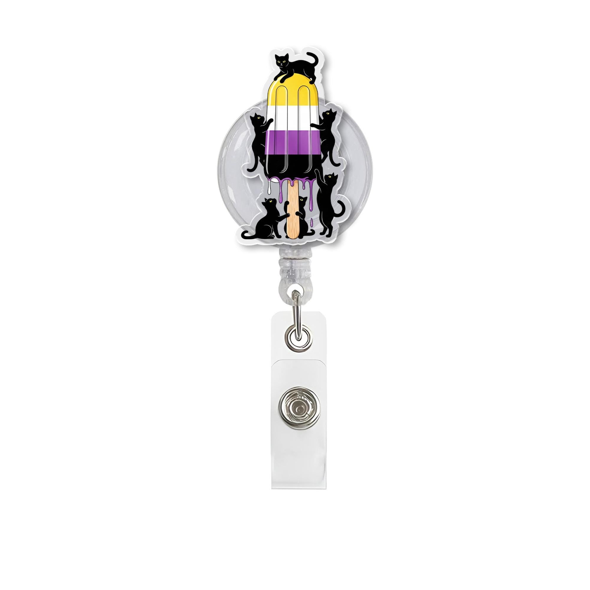 Nonbinary Pride Flag Popsicle Badge Reel with Black Cats, Cute Enby LGBTQIA+ Retractable ID Badge Holder for Nurses, Teachers