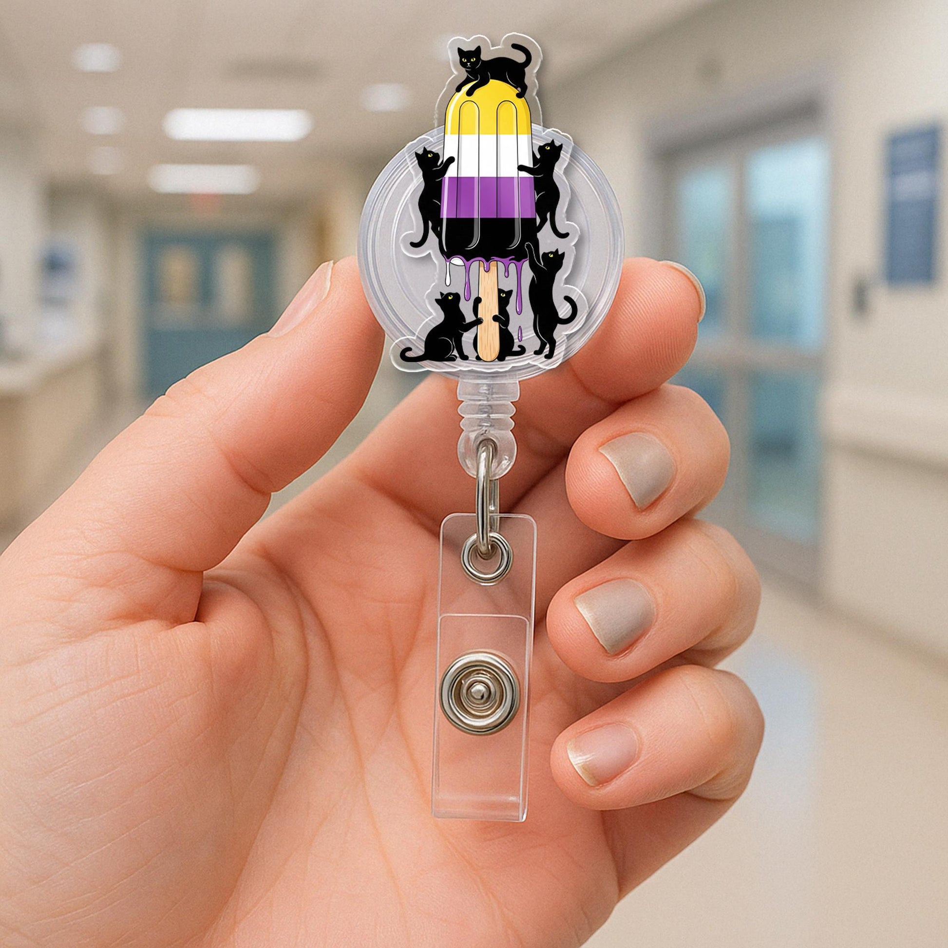 Nonbinary Pride Flag Popsicle Badge Reel with Black Cats, Cute Enby LGBTQIA+ Retractable ID Badge Holder for Nurses, Teachers