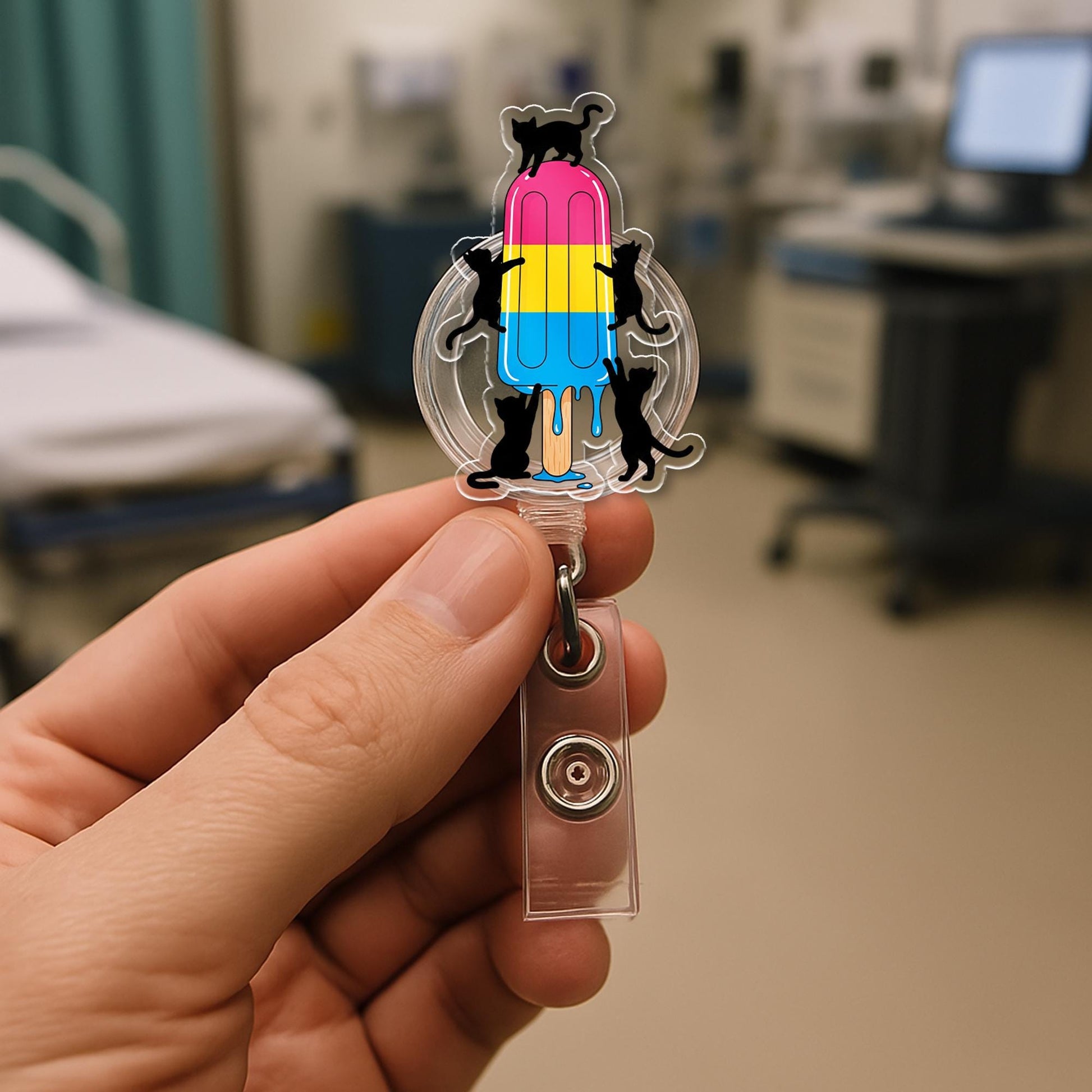 Pansexual Pride Flag Popsicle Badge Reel with Black Cats, Cute Retractable ID Holder for Nurse, Teacher, Vet Tech, LGBTQIA+ Gift