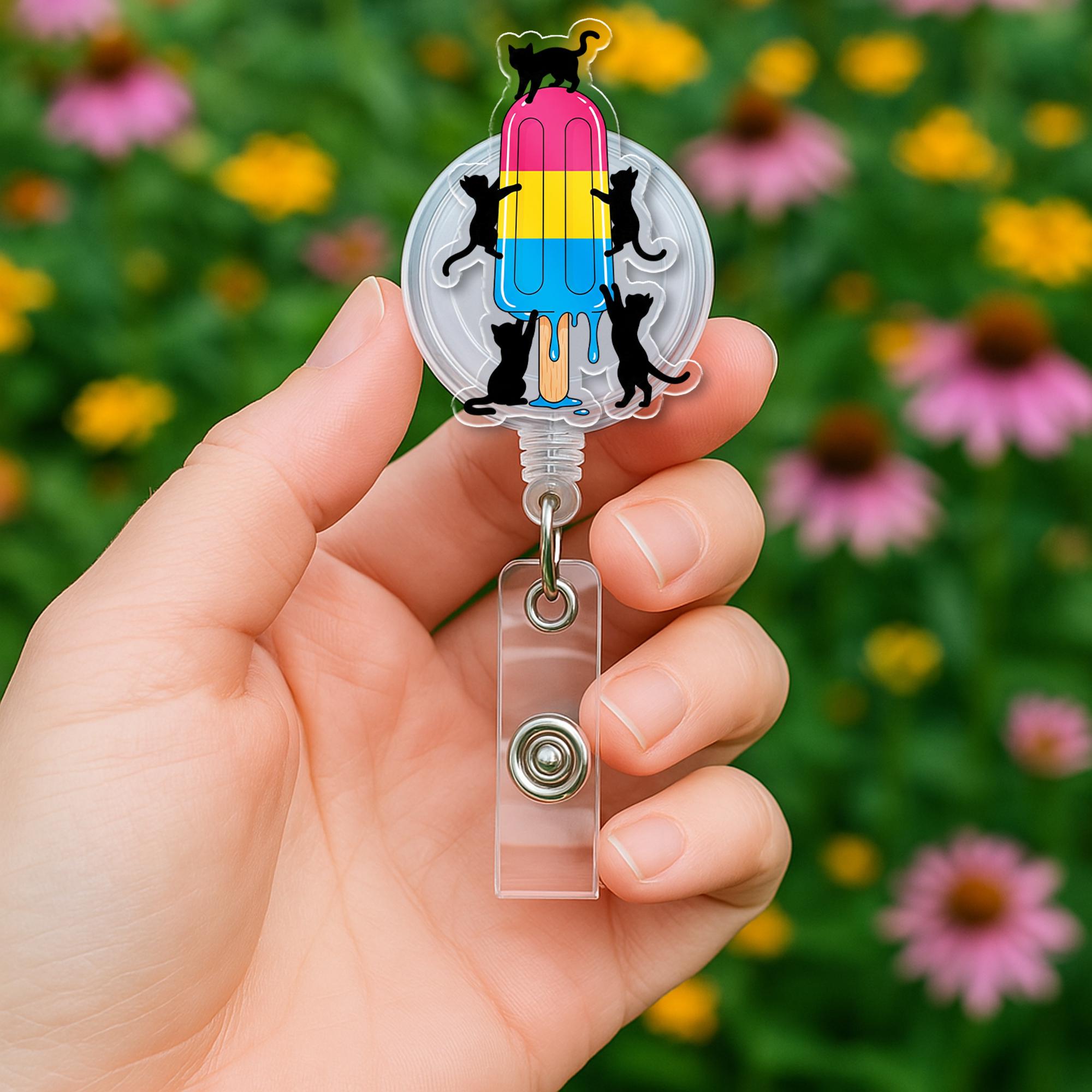 Pansexual Pride Flag Popsicle Badge Reel with Black Cats, Cute Retractable ID Holder for Nurse, Teacher, Vet Tech, LGBTQIA+ Gift