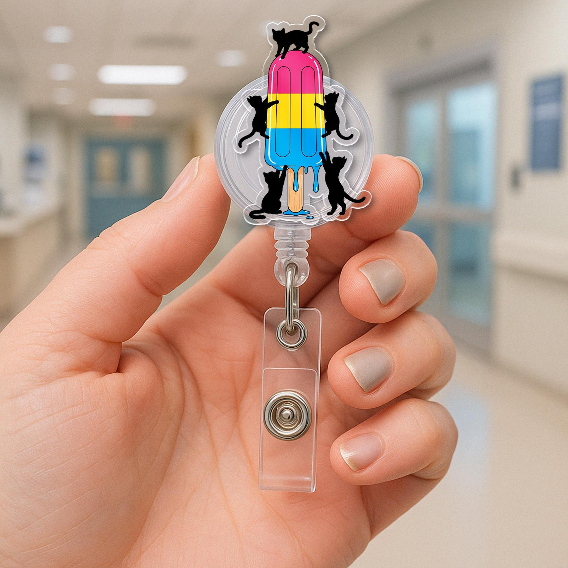 Pansexual Pride Flag Popsicle Badge Reel with Black Cats, Cute Retractable ID Holder for Nurse, Teacher, Vet Tech, LGBTQIA+ Gift