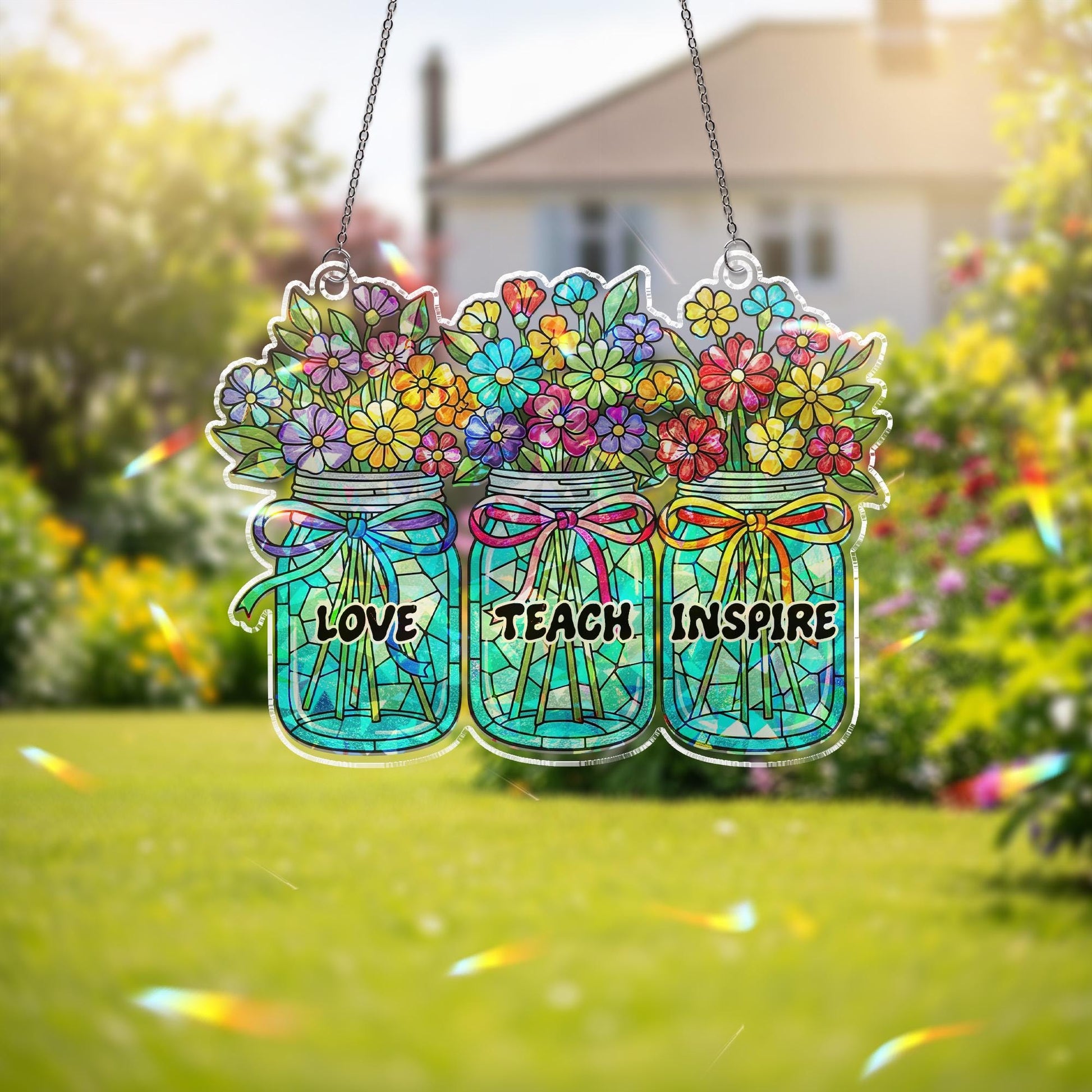 Love Teach Inspire Hologram ACRYLIC Window Hanging – Floral Jar Suncatcher – Teacher Appreciation Gift for Classroom or Window Decor