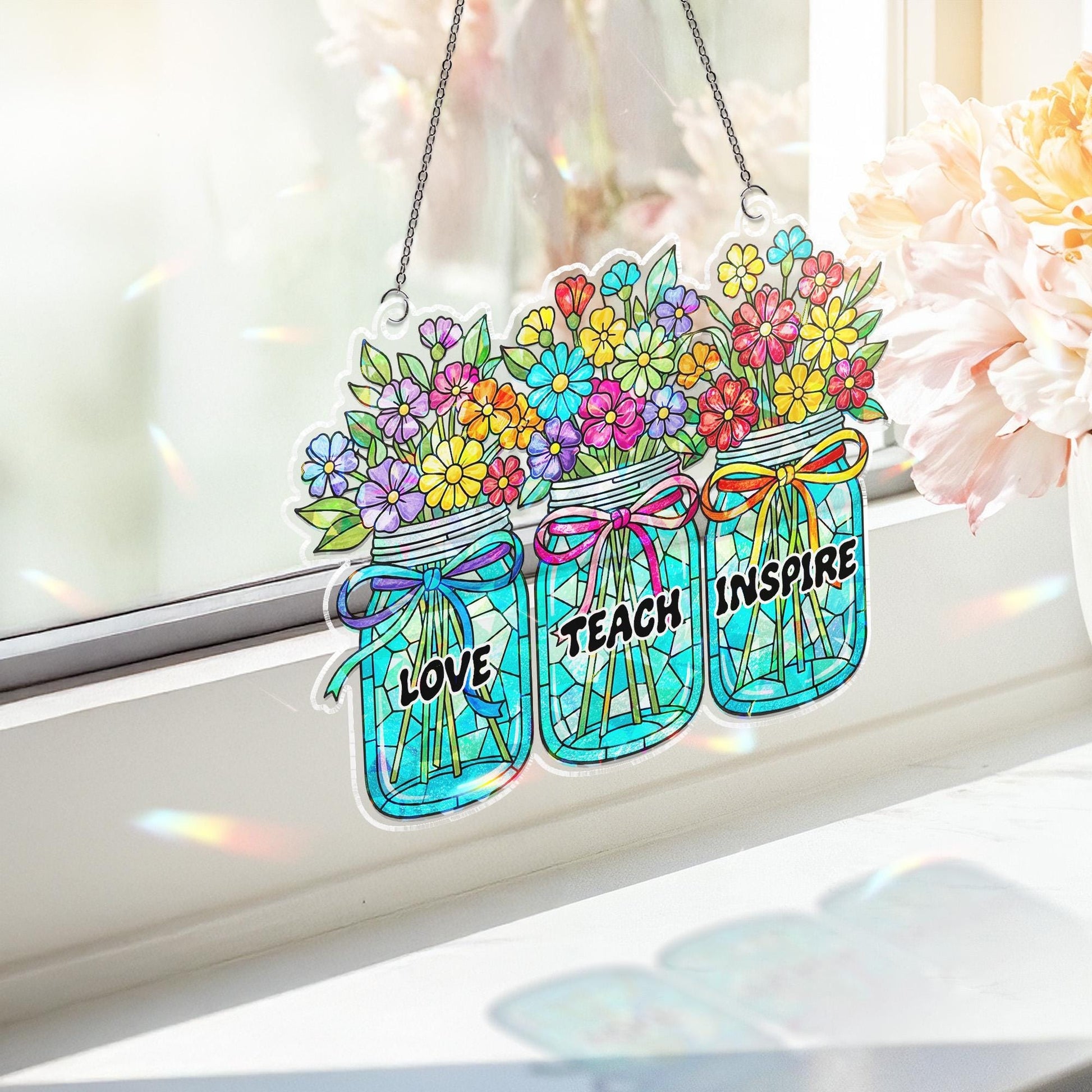 Love Teach Inspire Hologram ACRYLIC Window Hanging – Floral Jar Suncatcher – Teacher Appreciation Gift for Classroom or Window Decor