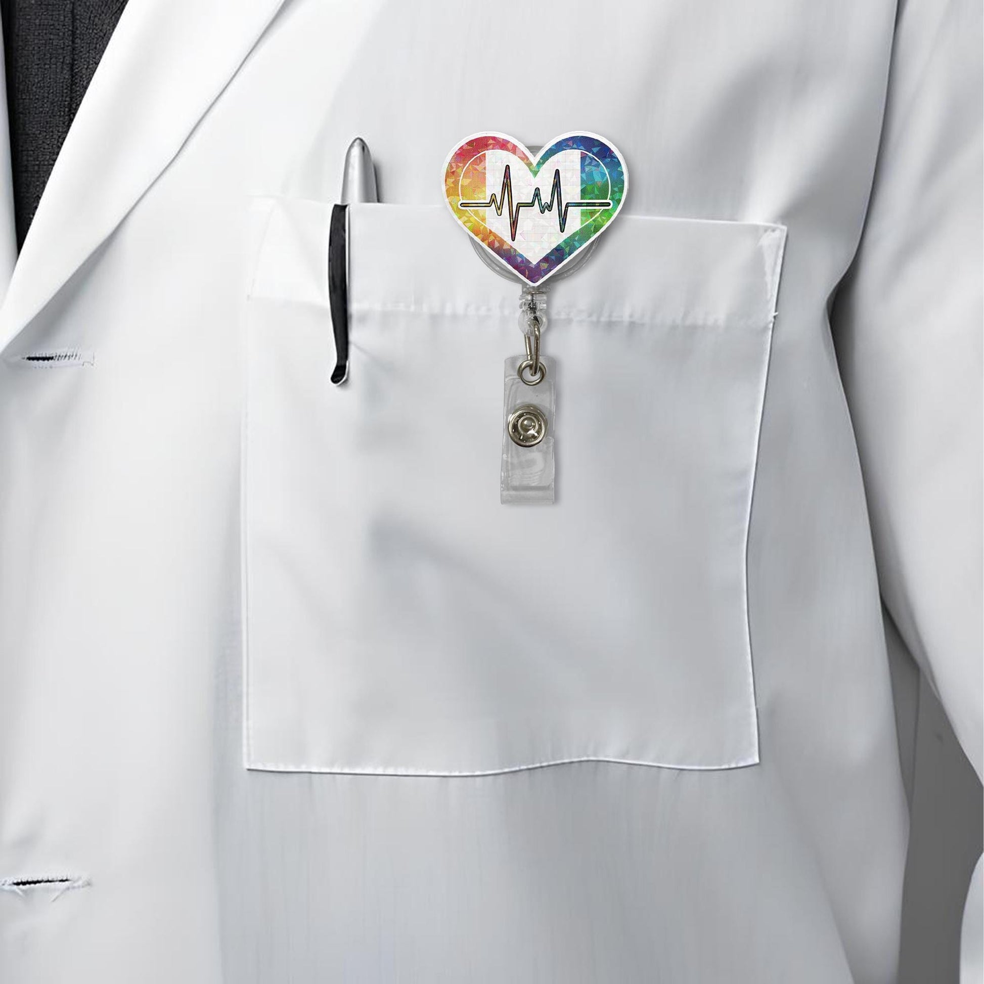 Rainbow Heartbeat Badge Reel – LGBTQ+ Holographic Nurse ID Holder, Pride Medical Gift, RN Doctor Badge Clip
