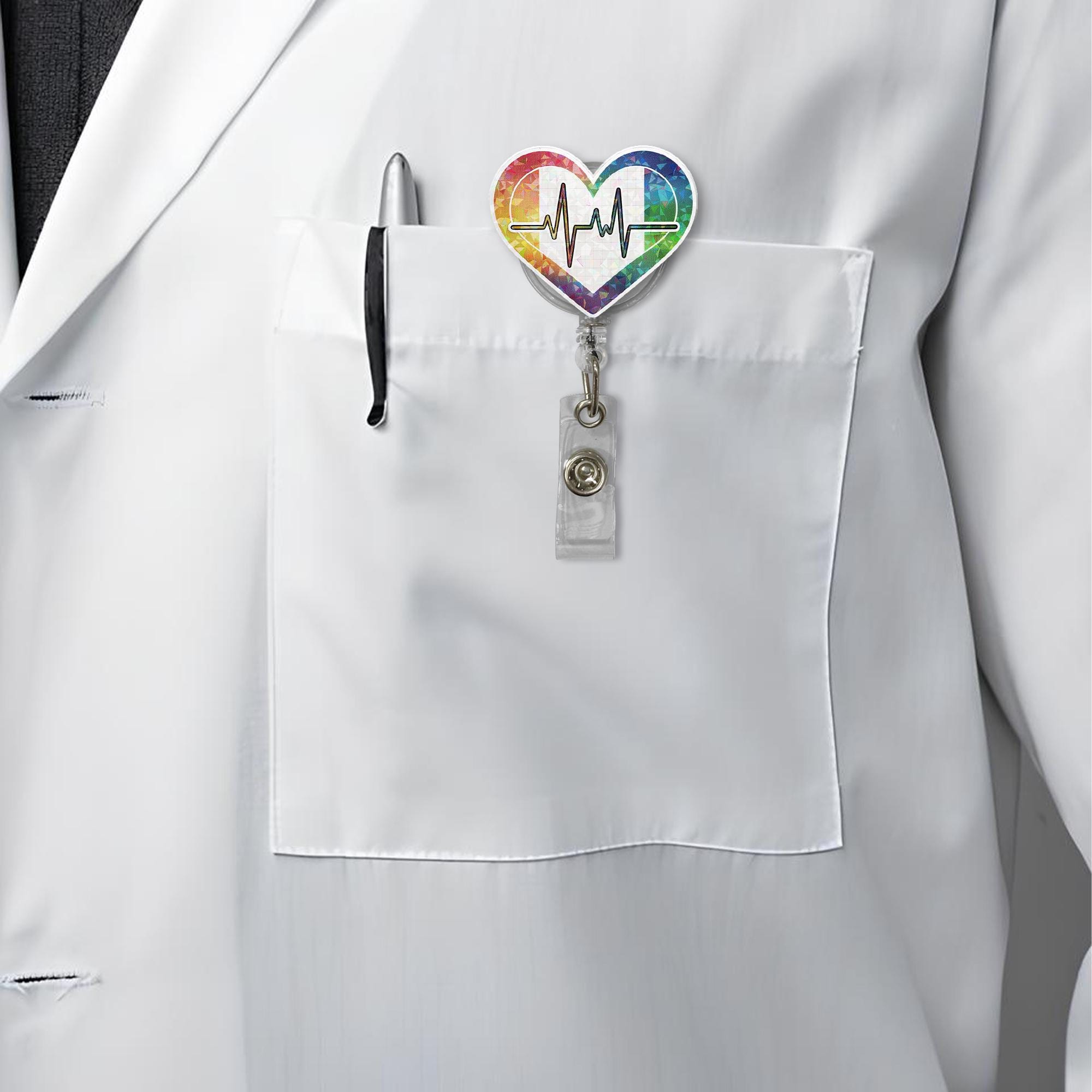 Rainbow Heartbeat Badge Reel – LGBTQ+ Holographic Nurse ID Holder, Pride Medical Gift, RN Doctor Badge Clip