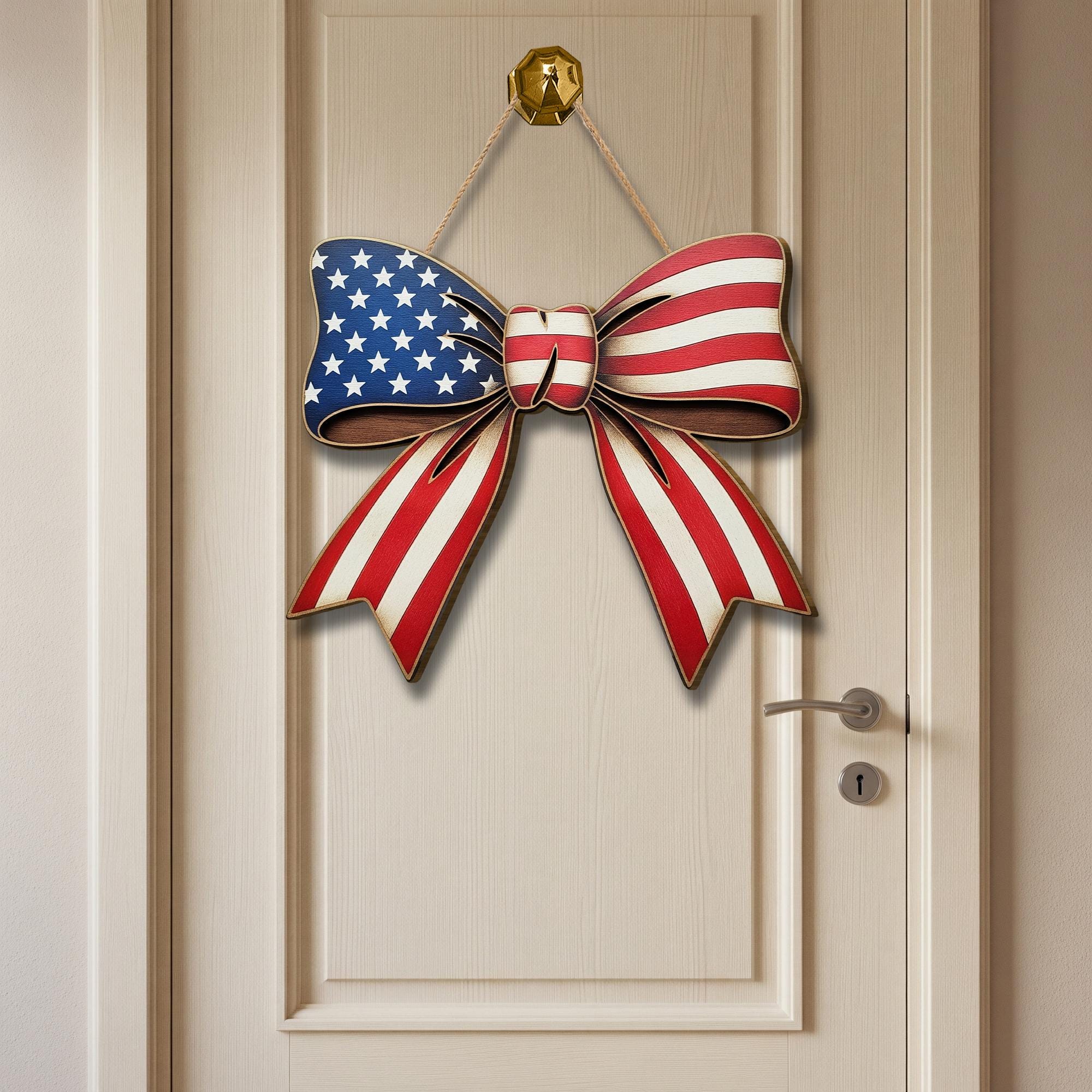 American Flag Bow Sign, Patriotic Wooden Door Hanger, 4th of July Decor, Red White Blue Wall Sign, Rustic USA Home Decoration