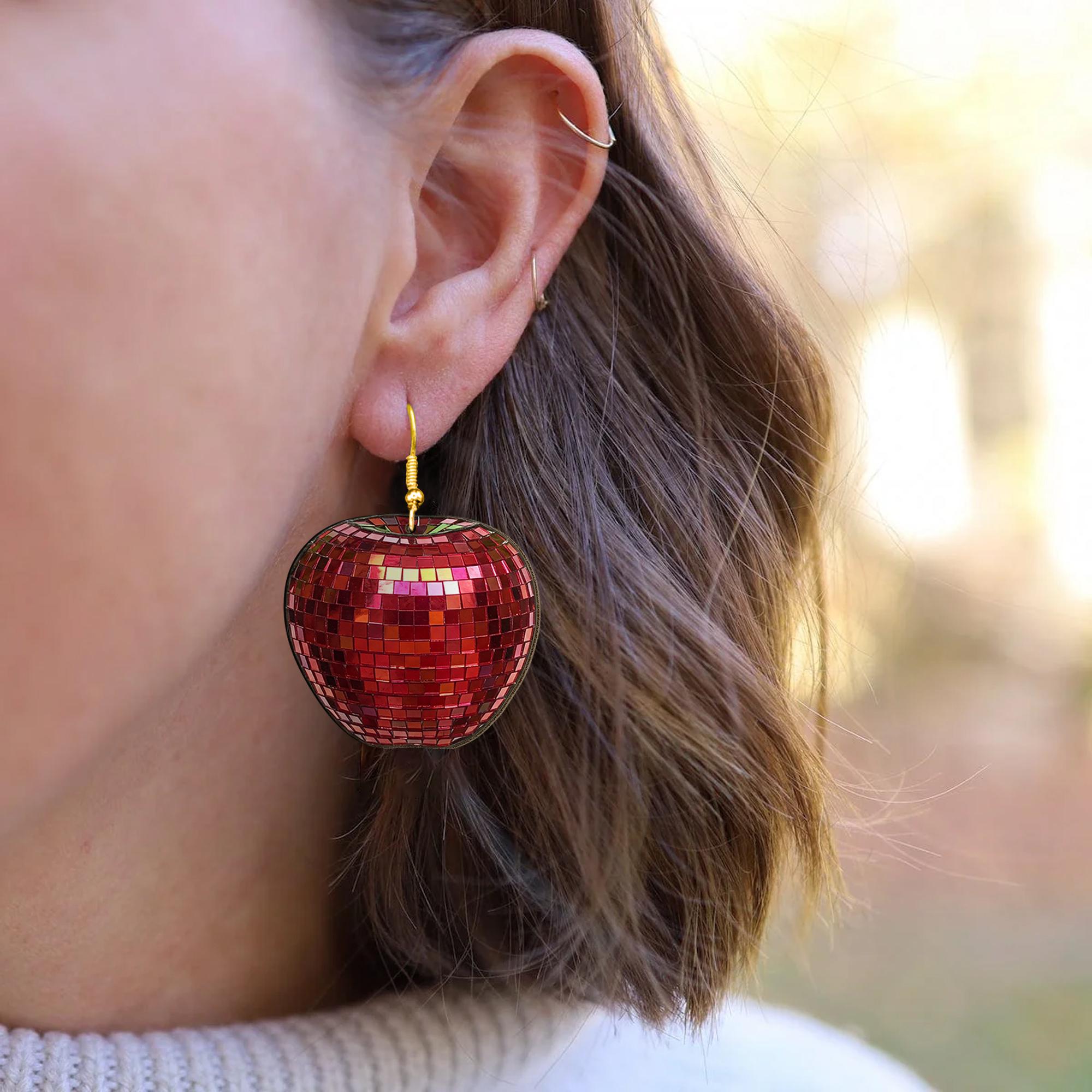 2D Disco Apple Earrings – Teacher Gift with Summer Vibes, Fun Retro Statement Jewelry, Red Mosaic Dangle Fruit Earrings