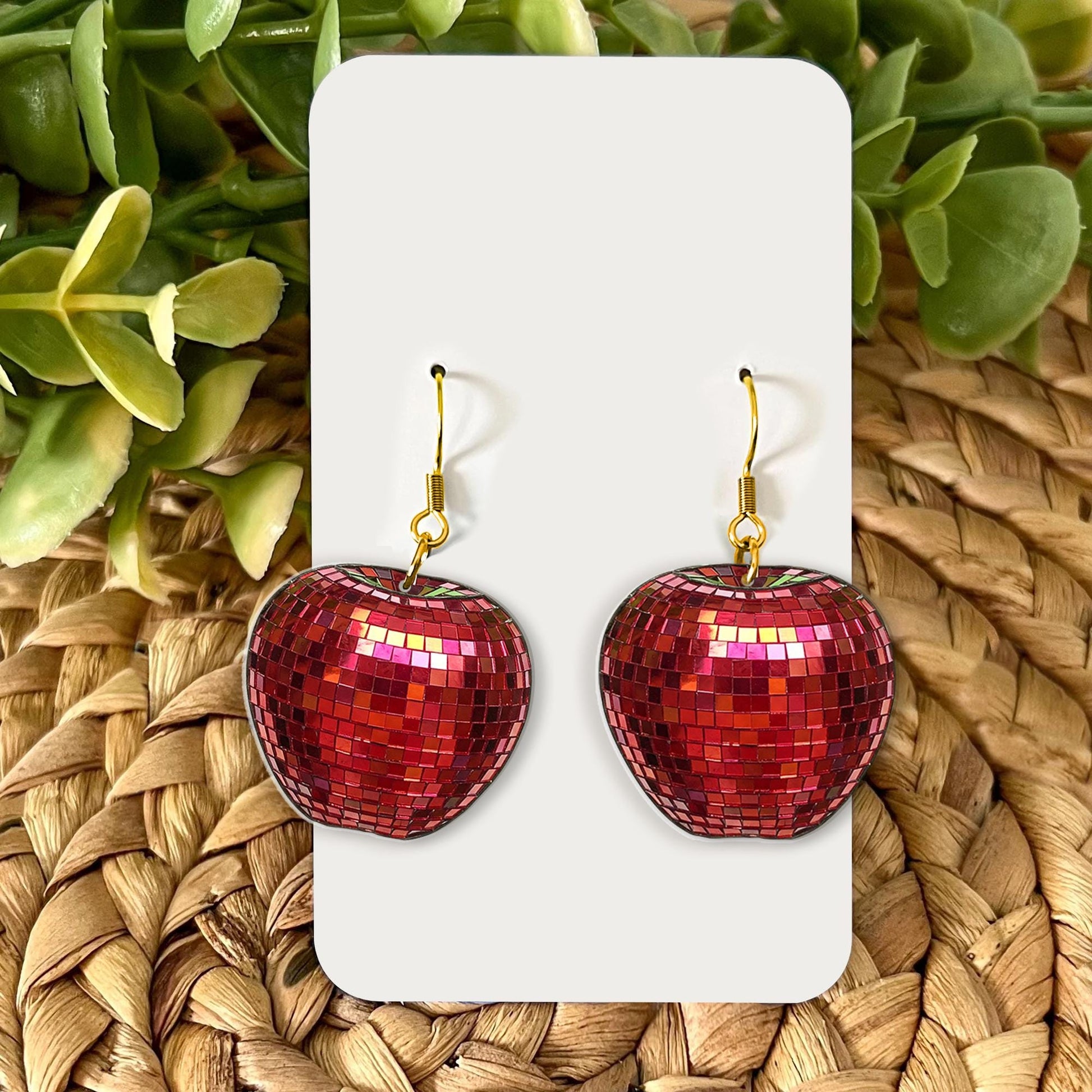 2D Disco Apple Earrings – Teacher Gift with Summer Vibes, Fun Retro Statement Jewelry, Red Mosaic Dangle Fruit Earrings