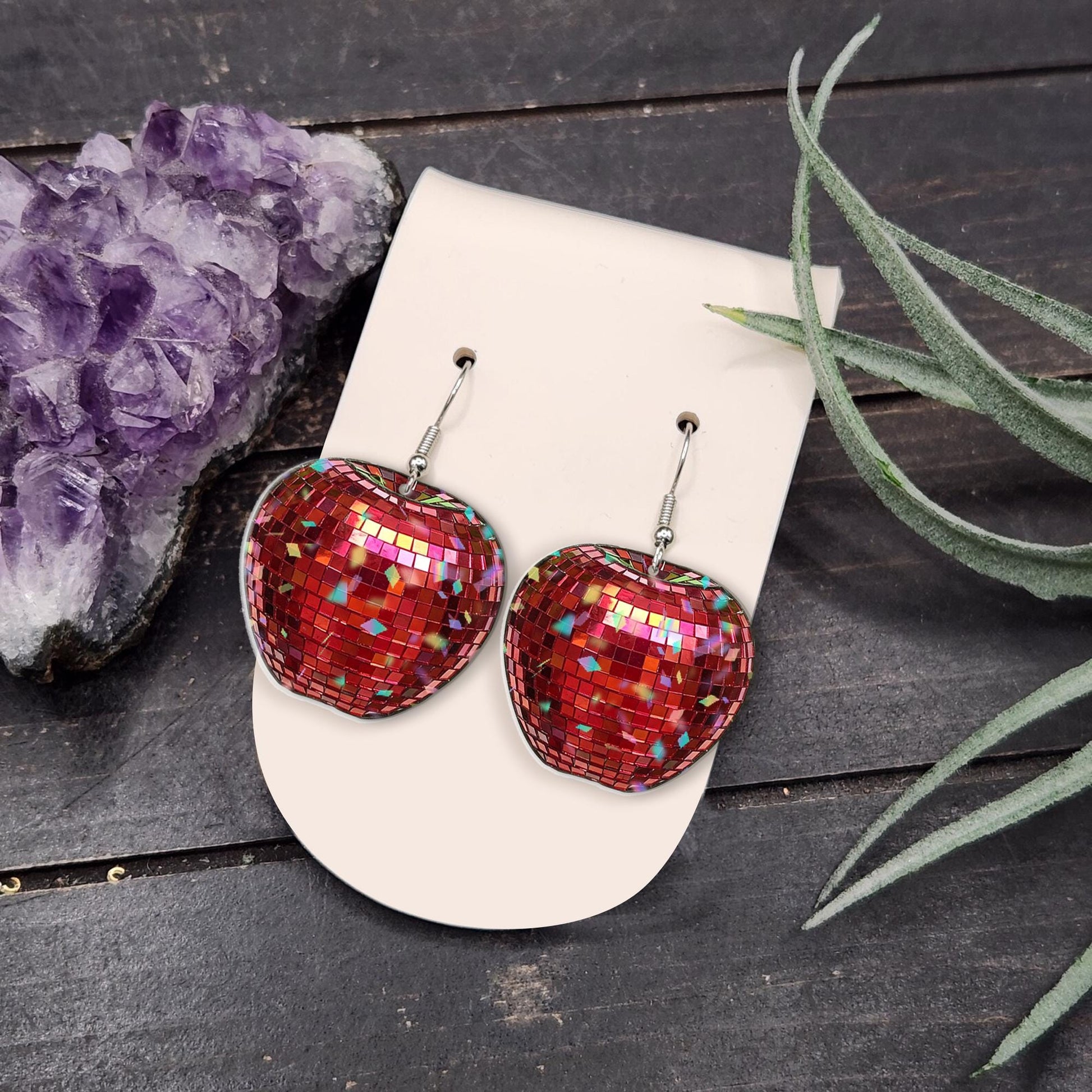 2D Disco Apple Earrings – Teacher Gift with Summer Vibes, Fun Retro Statement Jewelry, Red Mosaic Dangle Fruit Earrings