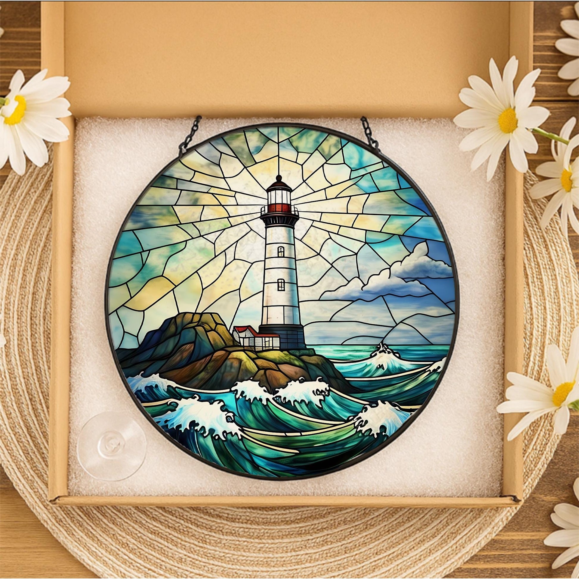 Coastal Lighthouse Glass Suncatcher, Ocean Waves Window Hanging Art, Nautical Decor for Beach House, Sea Lover Gift, Handmade Maritime Charm