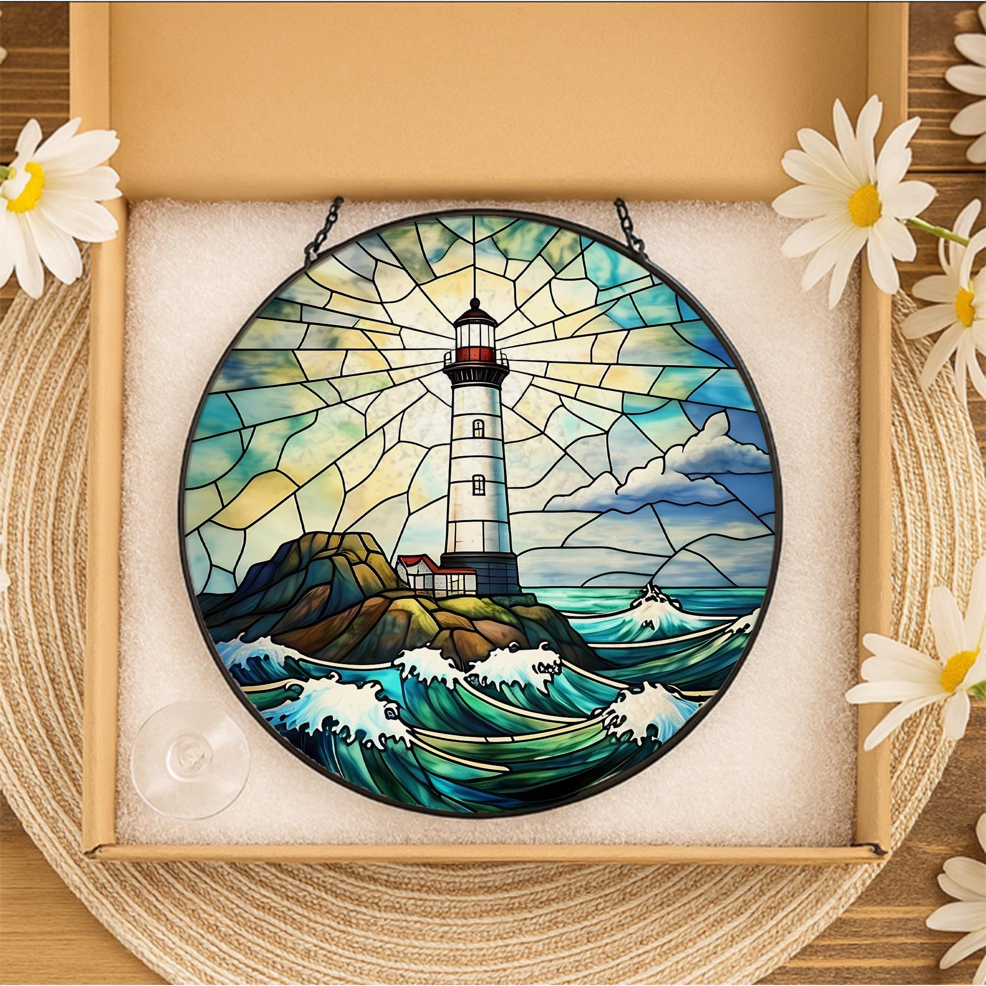 Coastal Lighthouse Glass Suncatcher, Ocean Waves Window Hanging Art, Nautical Decor for Beach House, Sea Lover Gift, Handmade Maritime Charm
