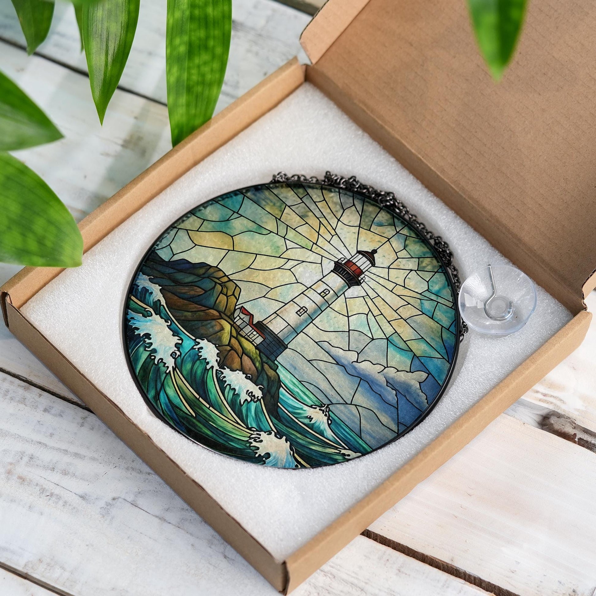 Coastal Lighthouse Glass Suncatcher, Ocean Waves Window Hanging Art, Nautical Decor for Beach House, Sea Lover Gift, Handmade Maritime Charm