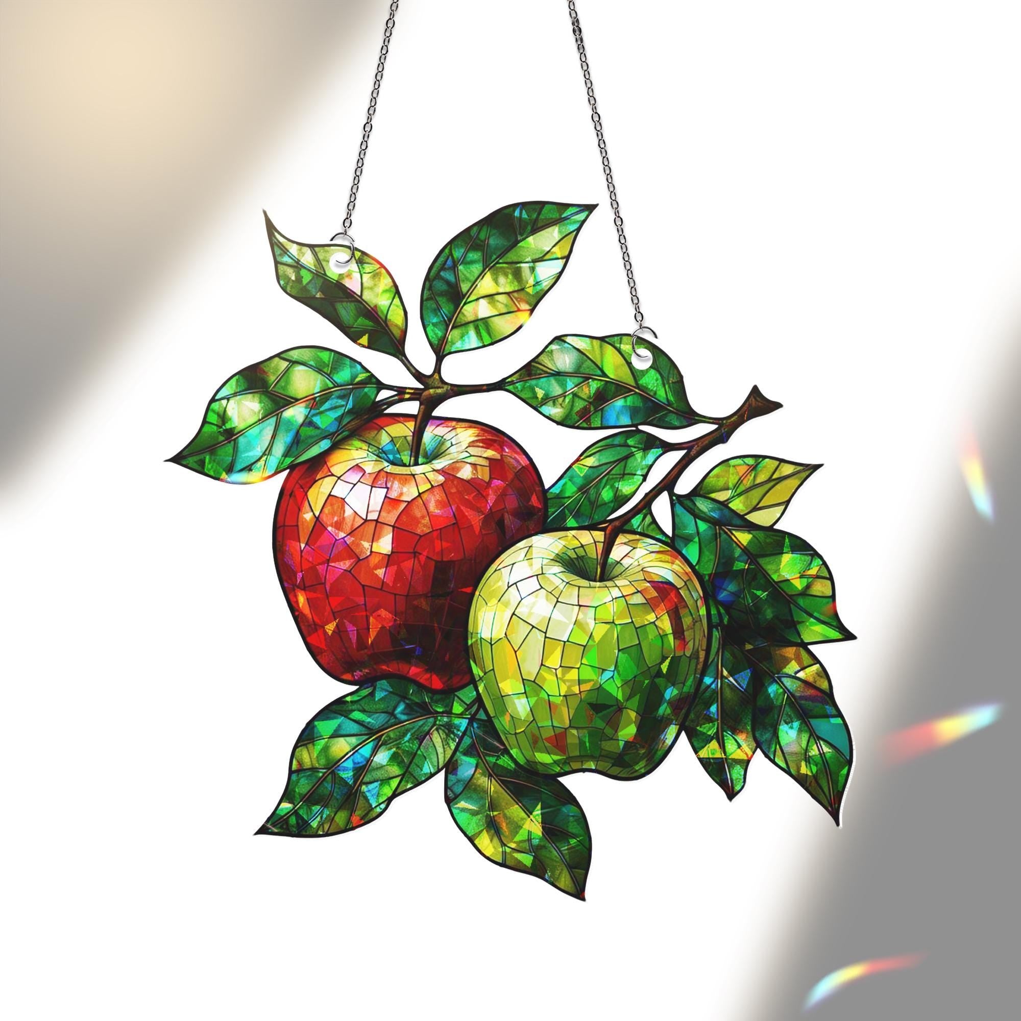 Red and Green Apple Hologram Acrylic Window Hanging – Vibrant Fruit Decor for Kitchen or Sunroom, Farmhouse Decor, Fruit For Kitchen