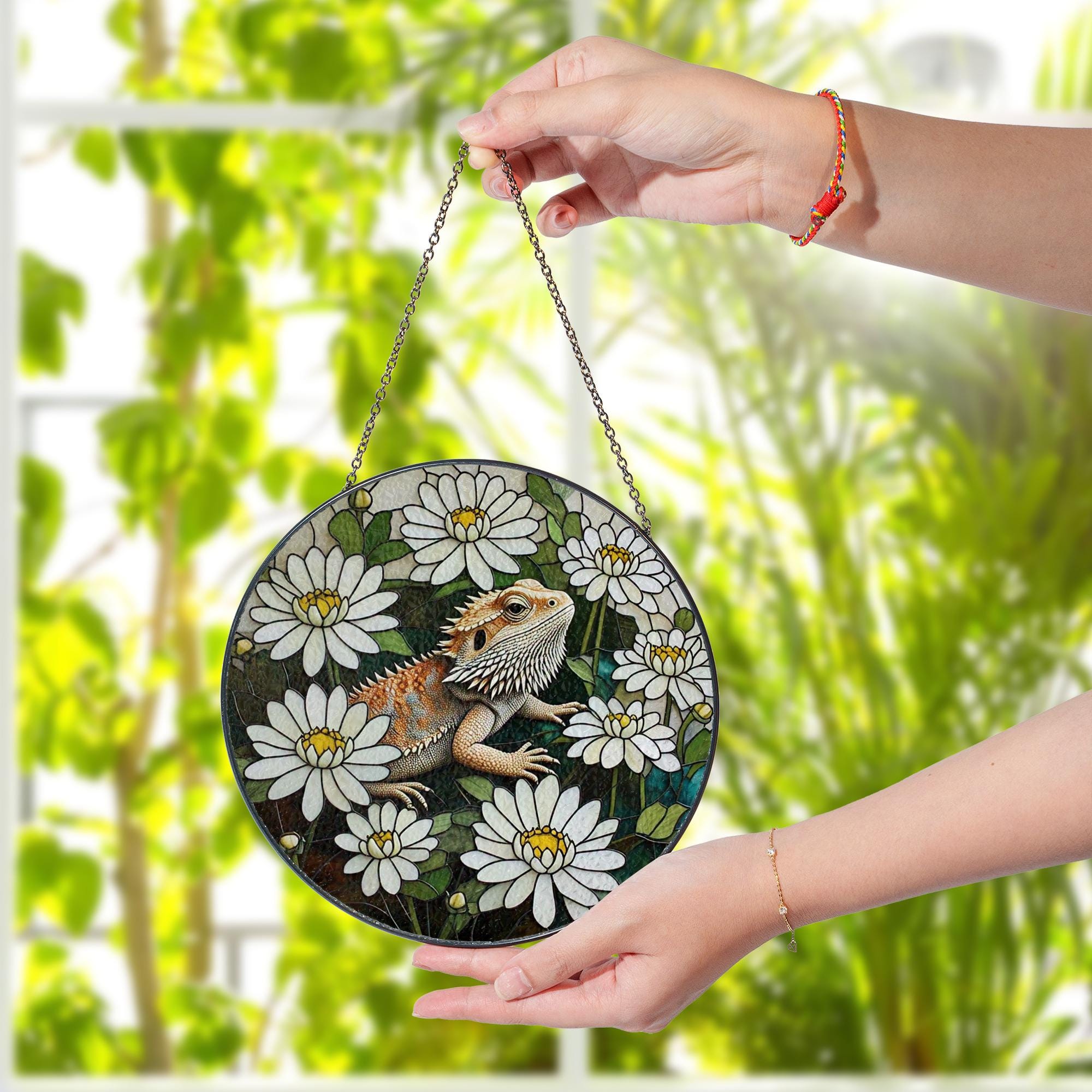Bearded Dragon Daisy Floral Glass Suncatcher, Lizard Lover Window Hanging, Reptile Art Decor, Unique Handmade Gift Idea, Pet Memorial Gift