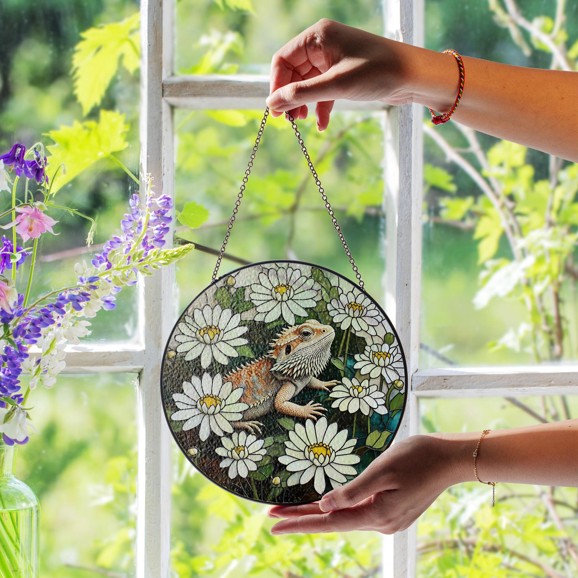 Bearded Dragon Daisy Floral Glass Suncatcher, Lizard Lover Window Hanging, Reptile Art Decor, Unique Handmade Gift Idea, Pet Memorial Gift