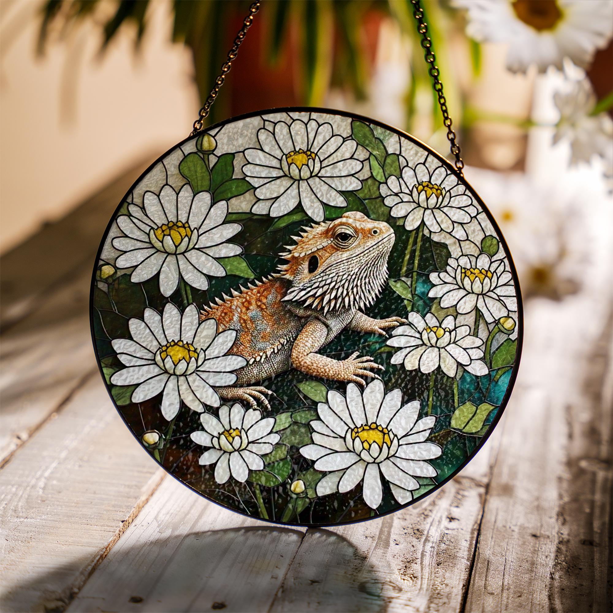 Bearded Dragon Daisy Floral Glass Suncatcher, Lizard Lover Window Hanging, Reptile Art Decor, Unique Handmade Gift Idea, Pet Memorial Gift