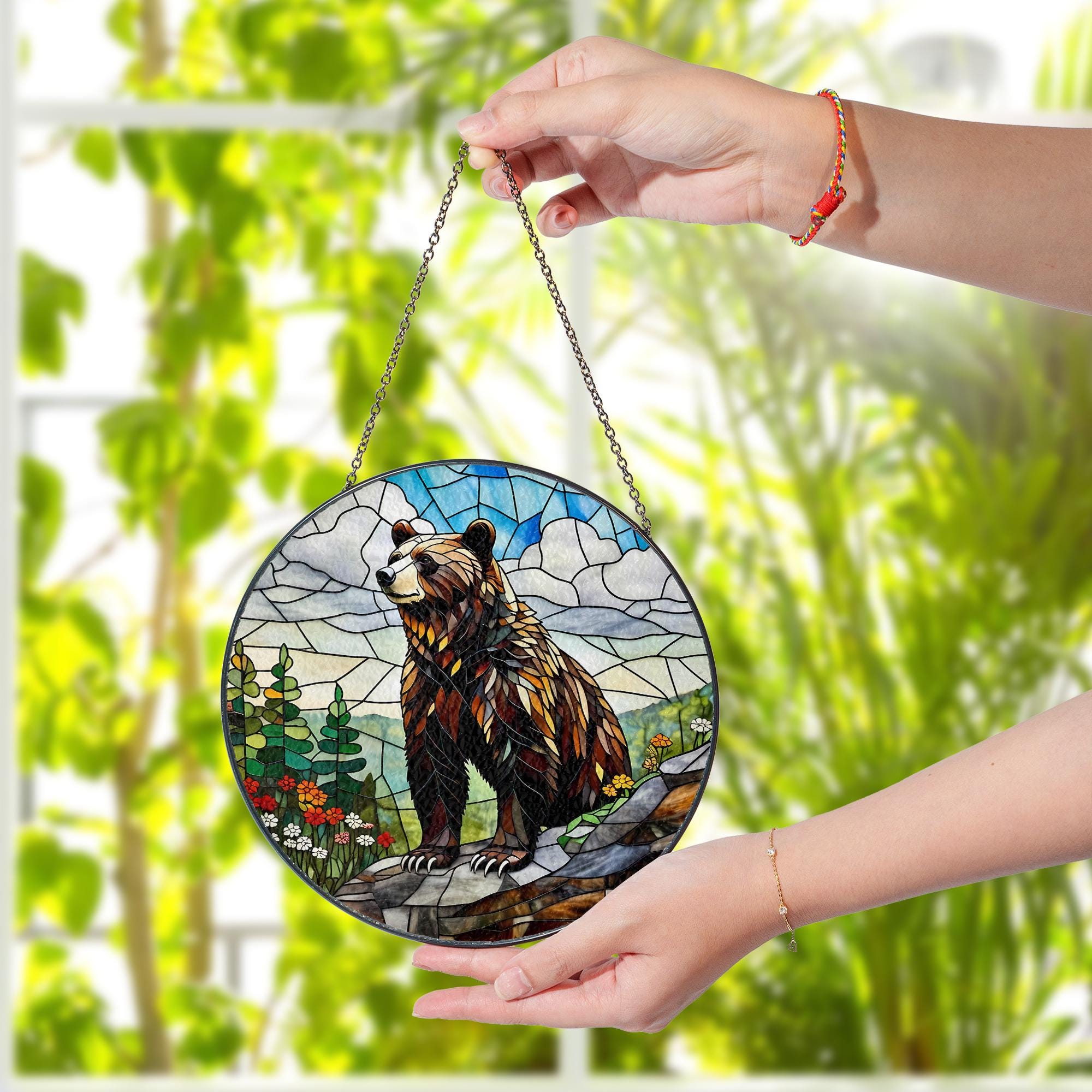 Grizzly Bear Glass Suncatcher – Rustic Wildlife Mountain Scene Suncatcher, Nature-Inspired Cabin Decor, Forest Animal Art Gift