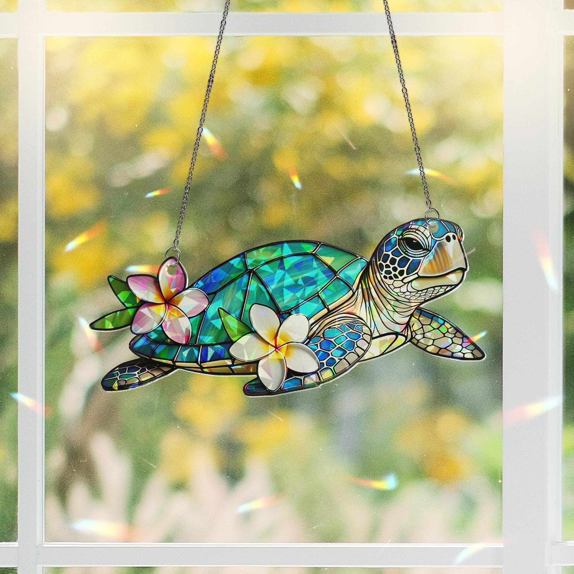 Sea Turtle Hologram Acrylic Window Hanging Ornament, Colorful Ocean Animal Decor with Plumeria Flowers, Coastal Home Gift Idea, Sea Wildlife