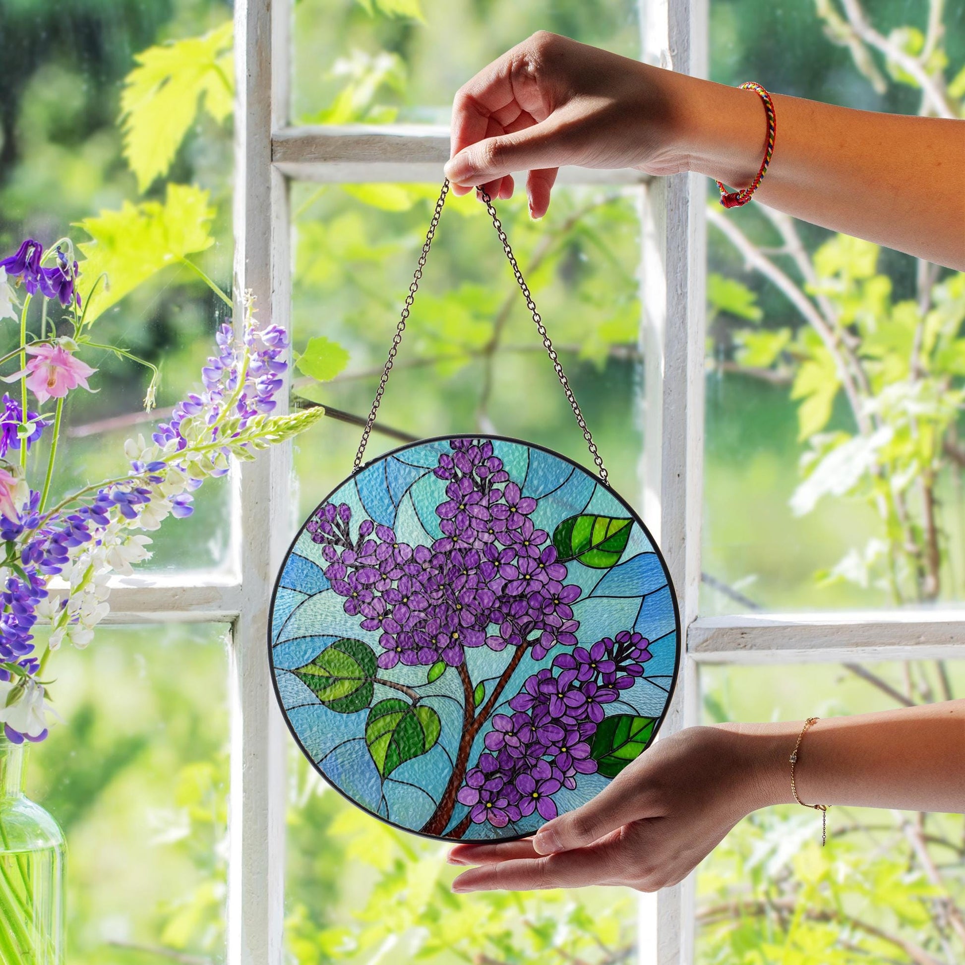 Lilac Flower Glass Suncatcher – Purple Blossom Window Decor Gift for Mom, Gardeners, and Nature Inspired Spring Homes